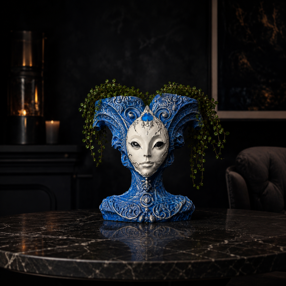 Front lifestyle view of The Blue Trickster planted on a dark table