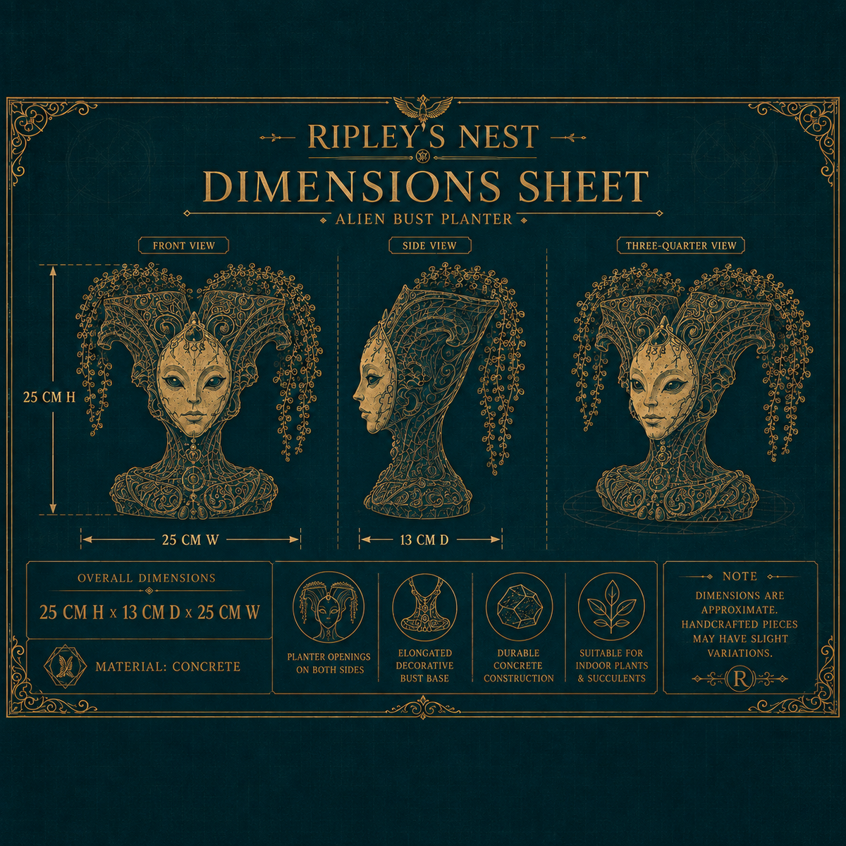 Dimension sheet for The Blue Trickster showing 25 cm high by 13 cm deep by 25 cm wide