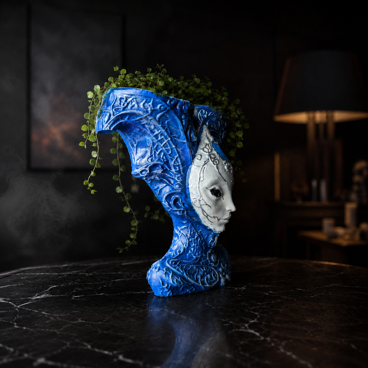Side lifestyle view of The Blue Trickster blue alien plant pot