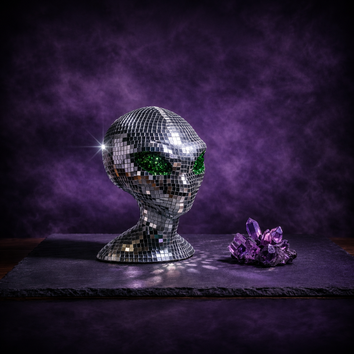 The Close Encounter mirror ball alien statue three-quarter view