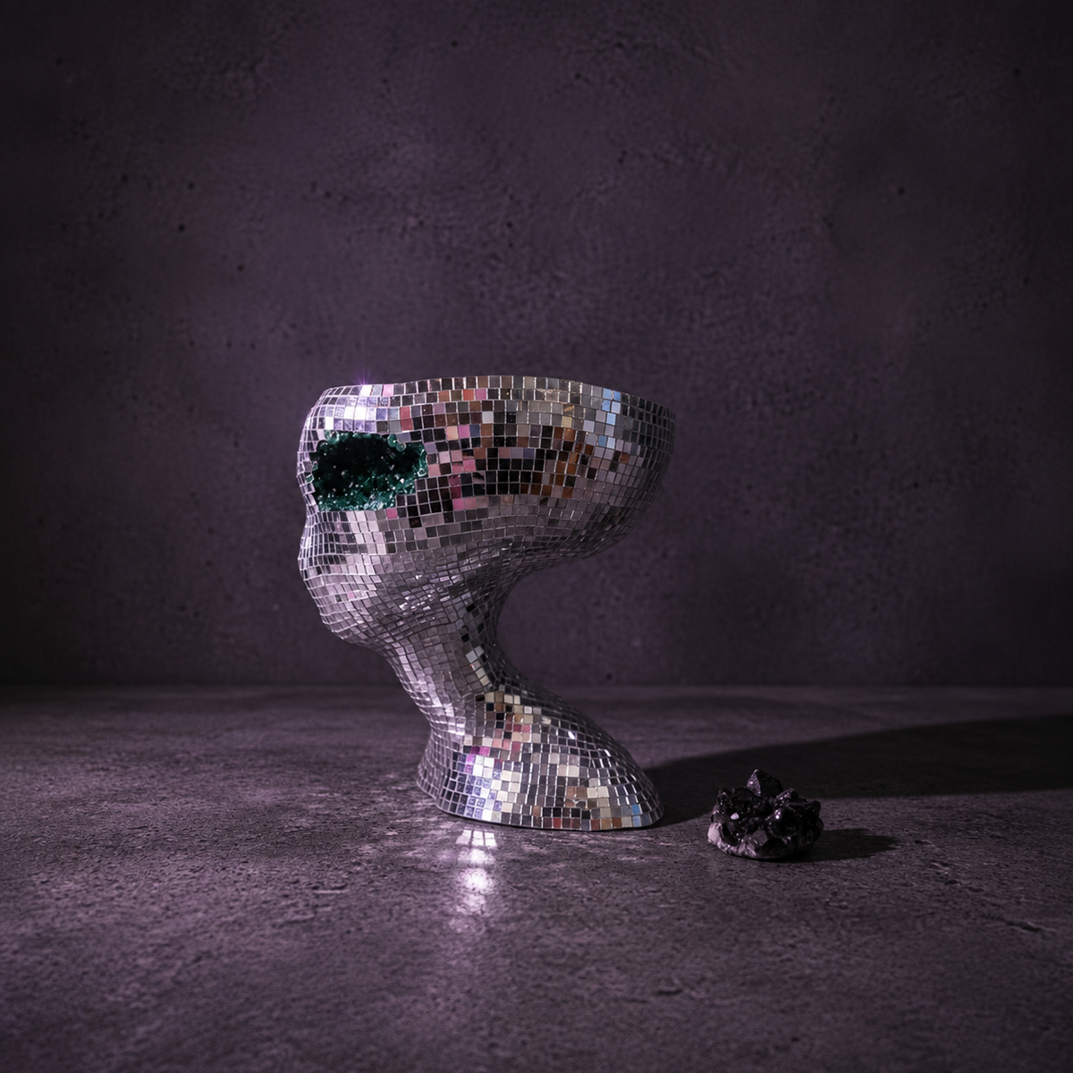 Mirror ball alien head with hand-finished glass mirror tiles - Ripleys Nest