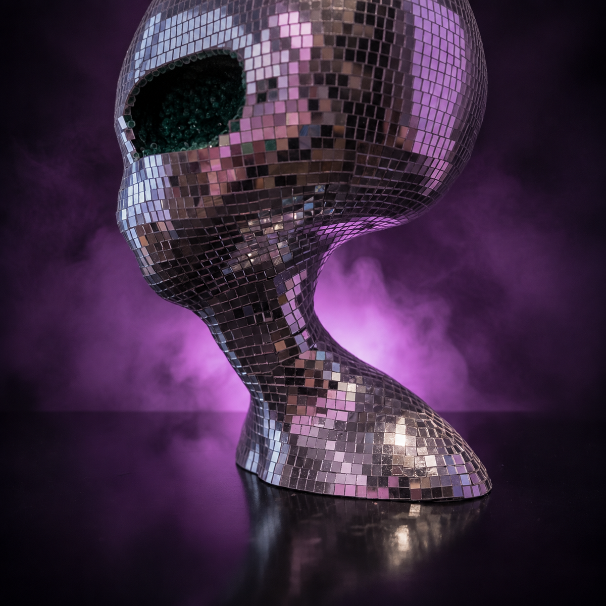 The Close Encounter alien sculpture with reflective mirror ball finish