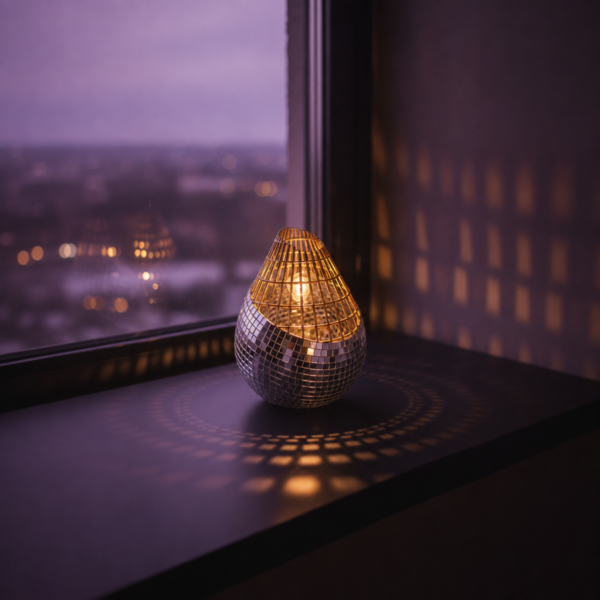 Mirror mosaic vase by window at dusk