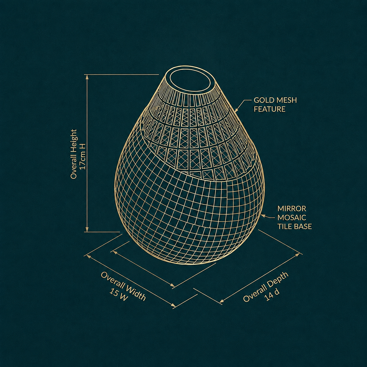 Dimensions diagram 17H x 15W x 14D cm