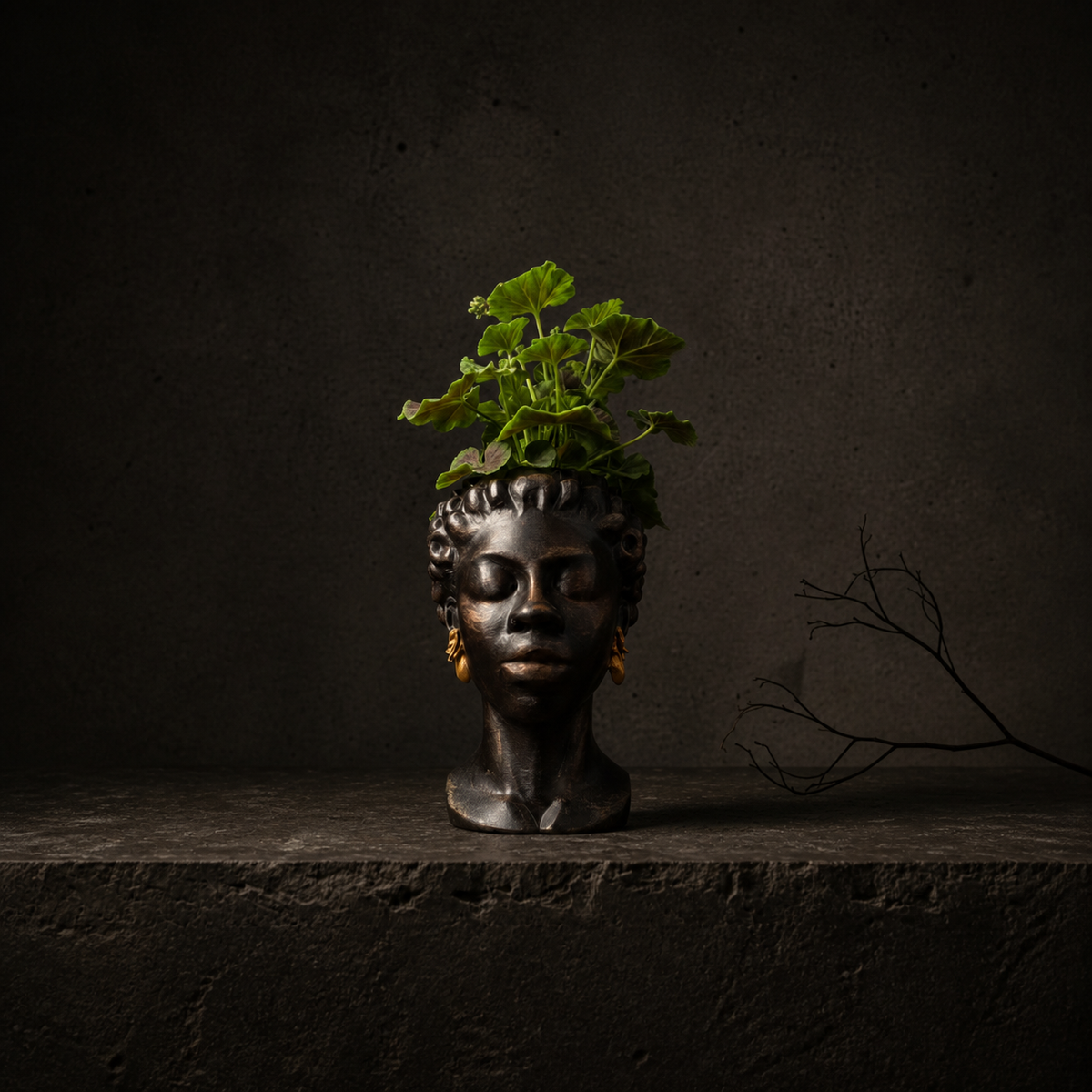 The Florid Chiaroscuro bust planter styled on a console table