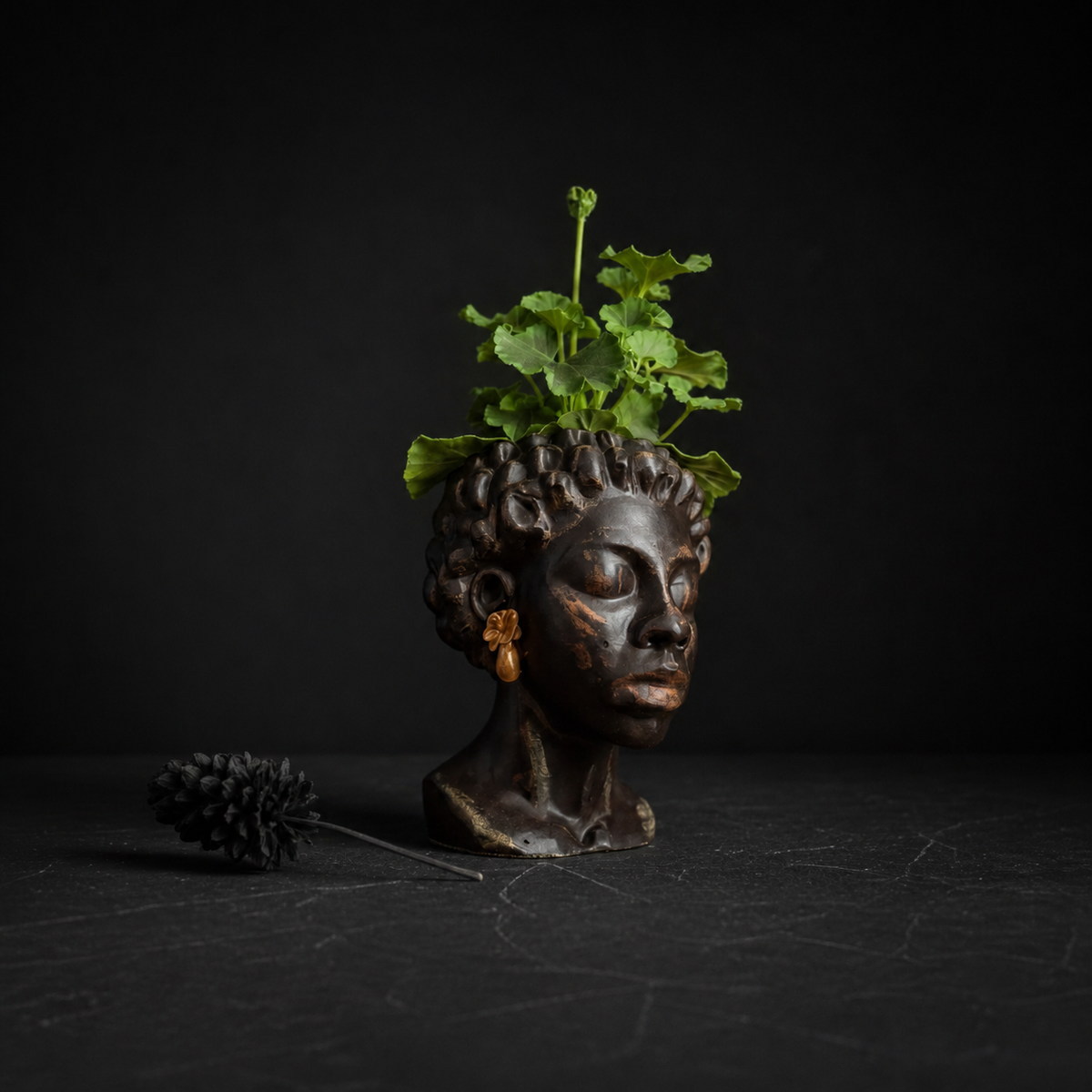 The Florid Chiaroscuro head planter in a living room setting