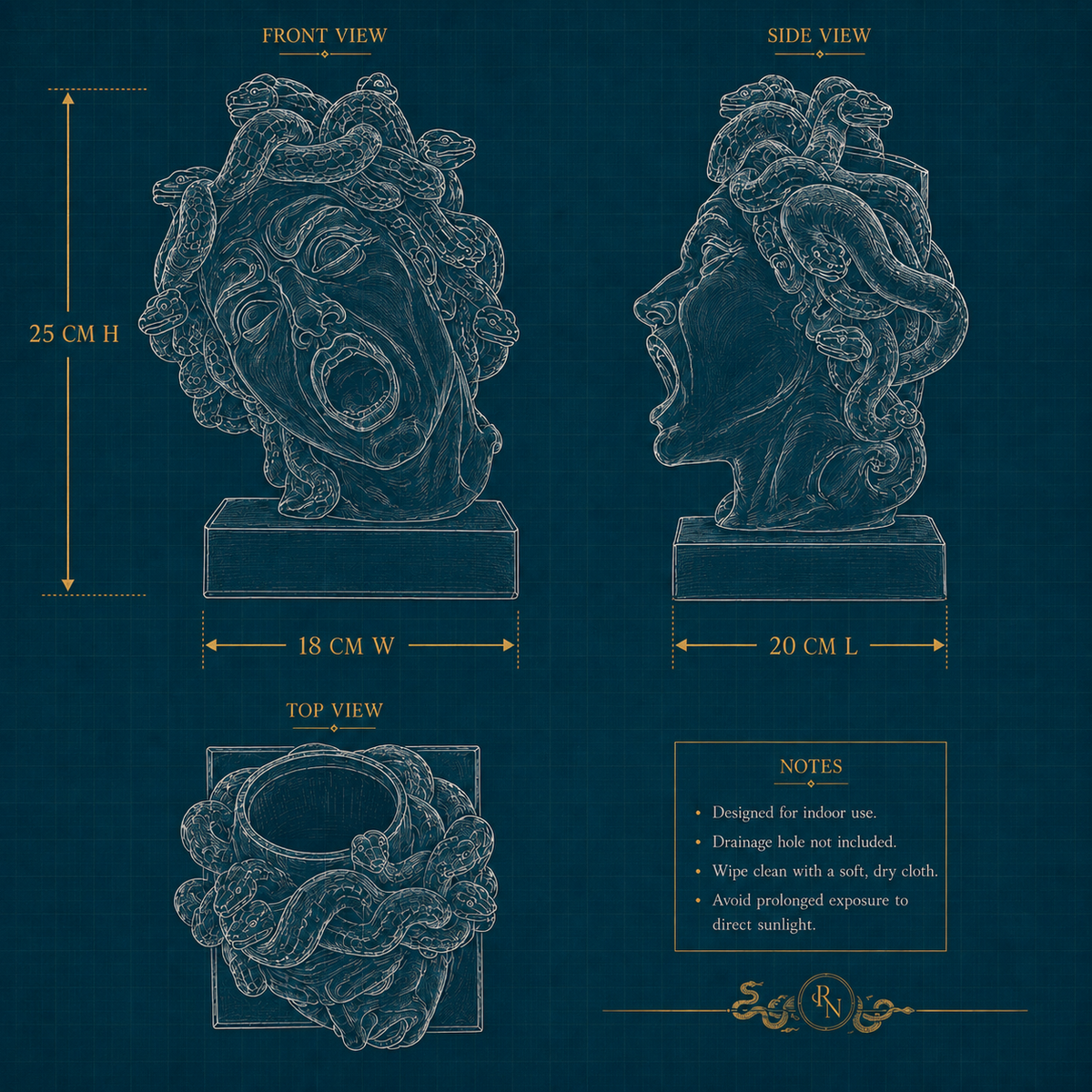 Dimension sheet for The Gorgon's Bloom planter showing 20 by 18 by 25 cm