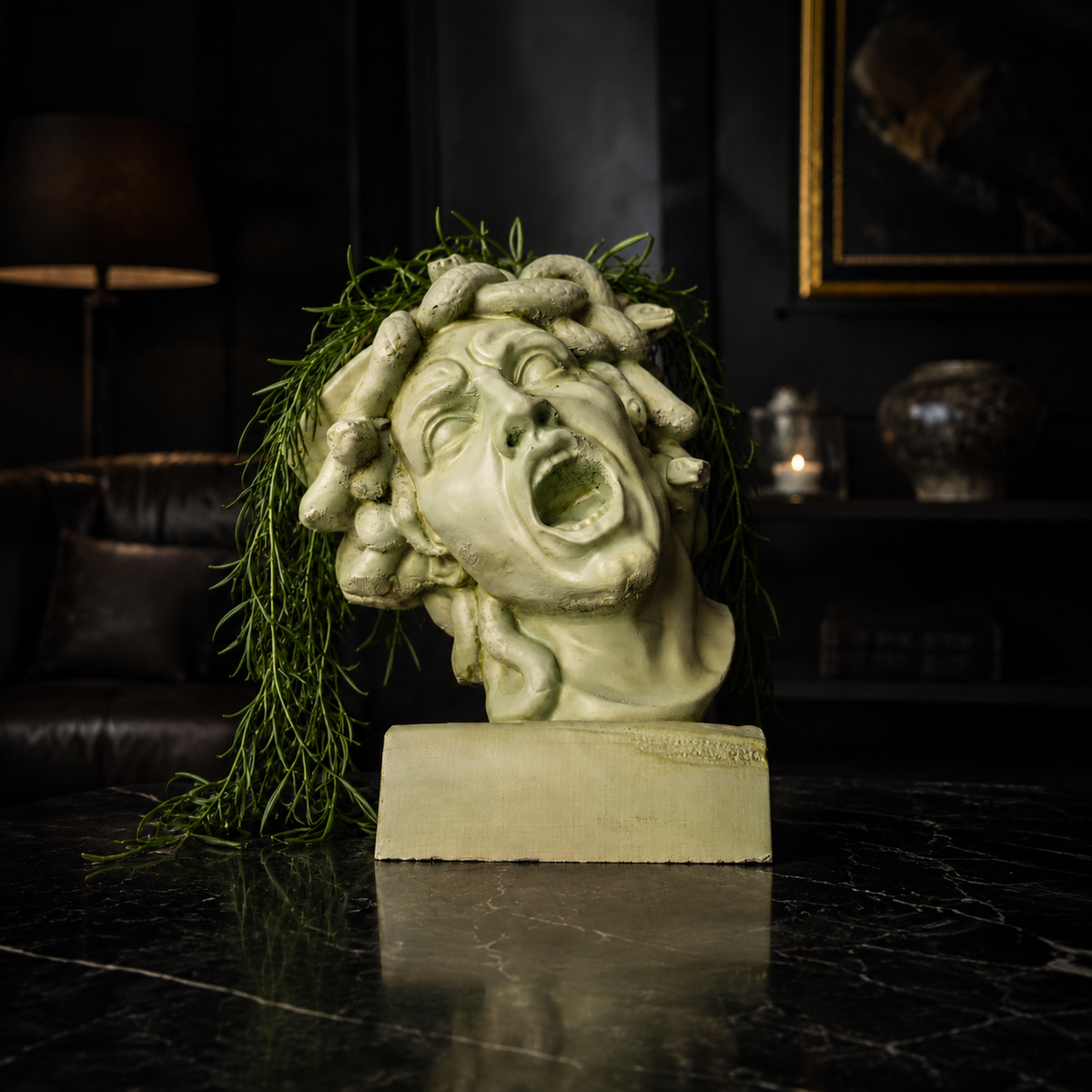 The Gorgon's Bloom cast stone plant pot in dark interior setting