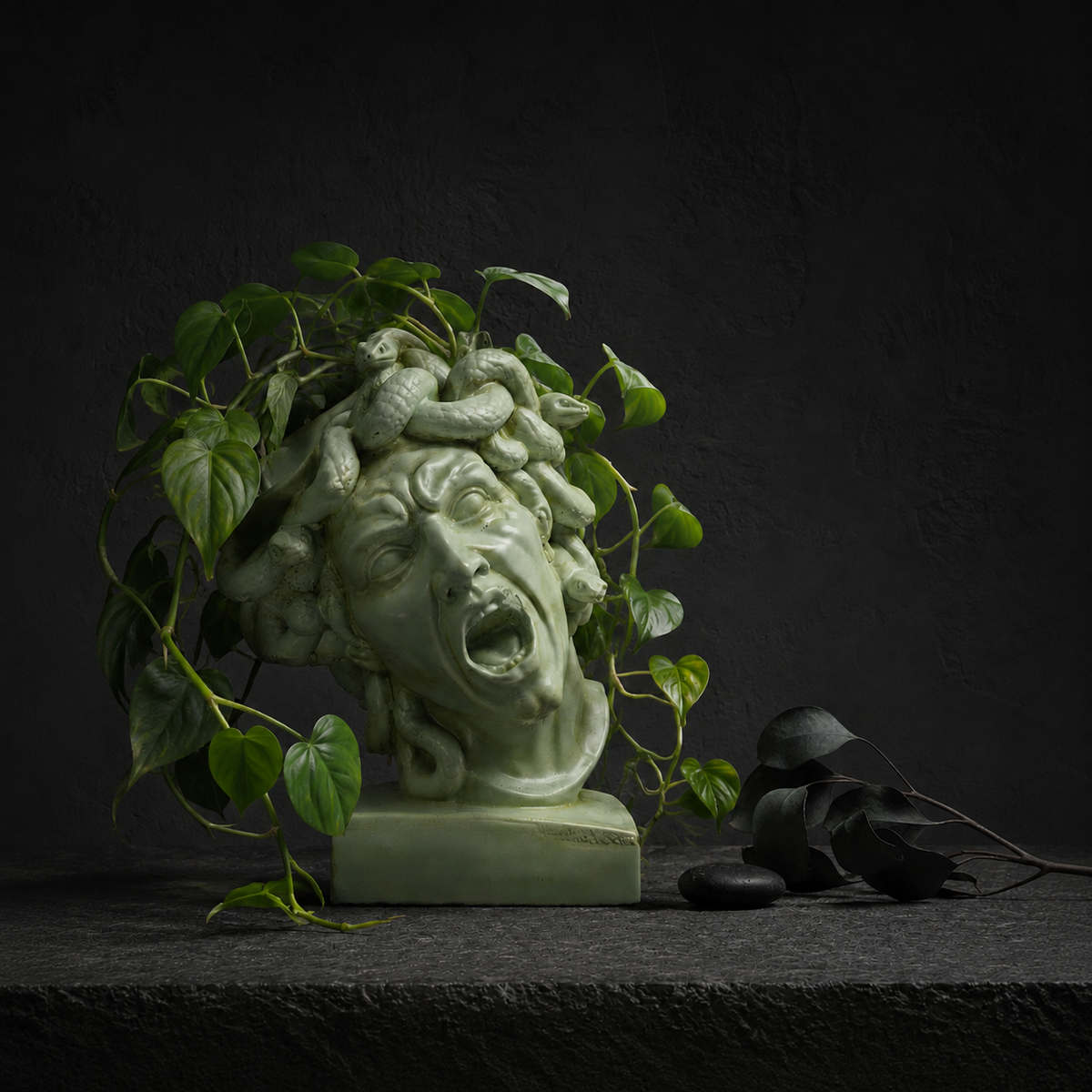 The Gorgon's Bloom Medusa planter on stone shelf with green plant