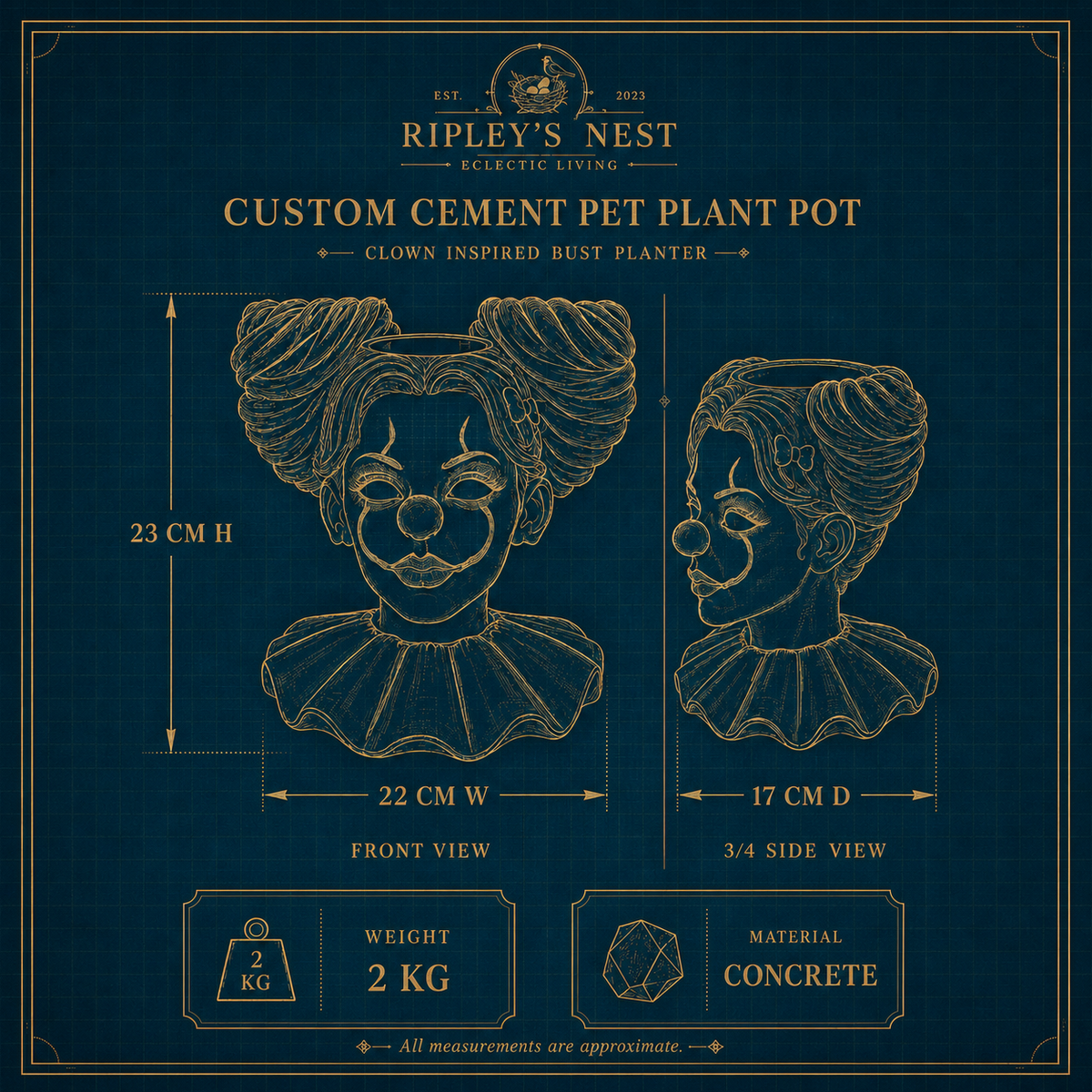 Dimensions sheet for The Last Laugh cast stone clown planter showing 23 cm high, 22 cm wide and 17 cm deep