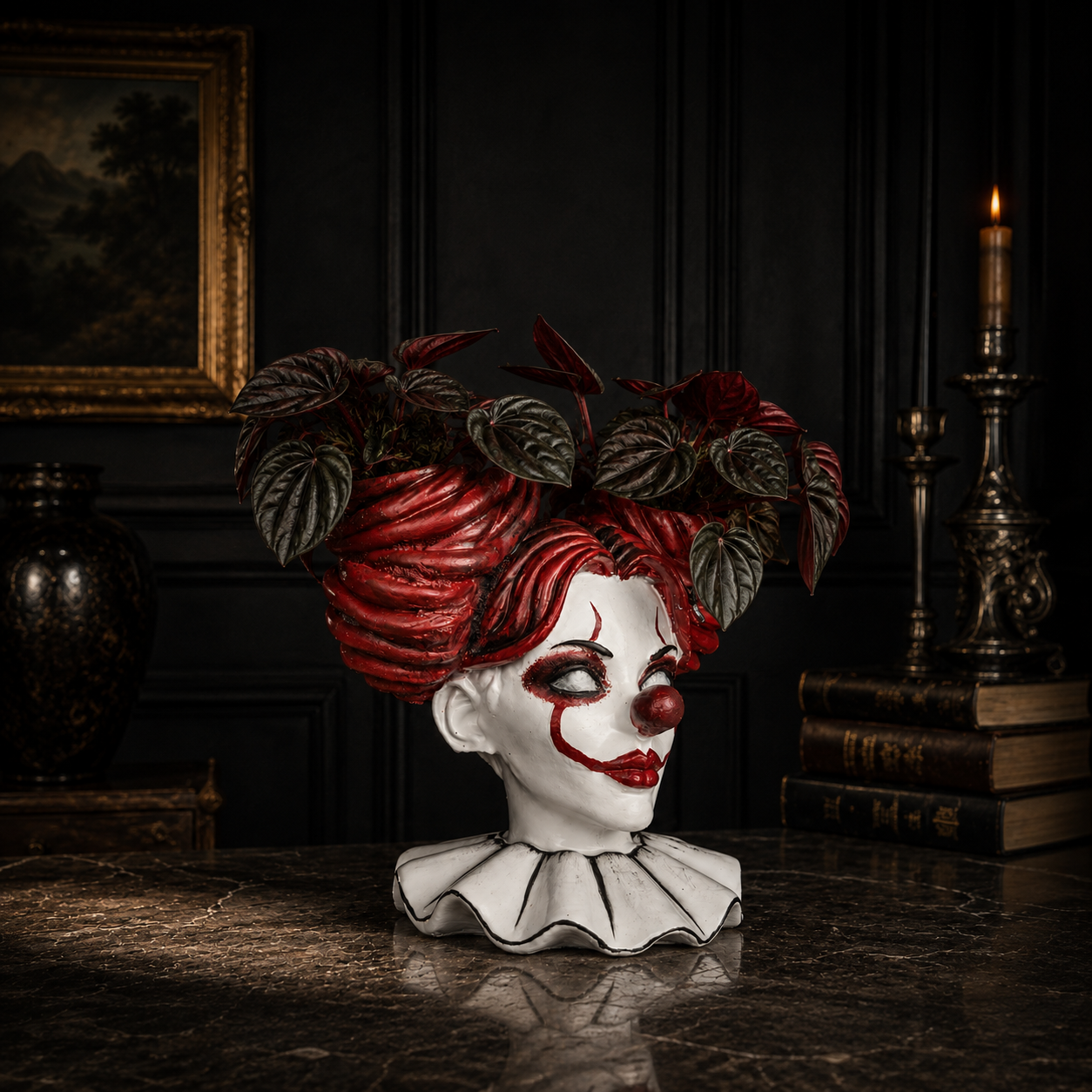 Gothic horror clown planter styled indoors with dark red foliage