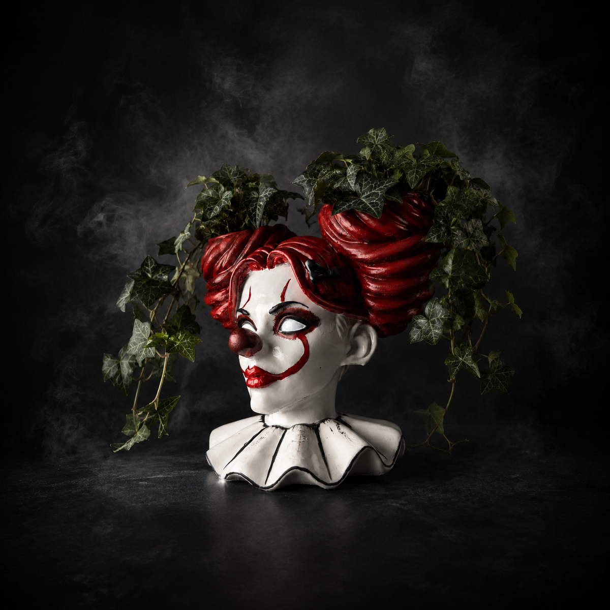 Side view of The Last Laugh red-haired clown girl plant pot with ivy styling