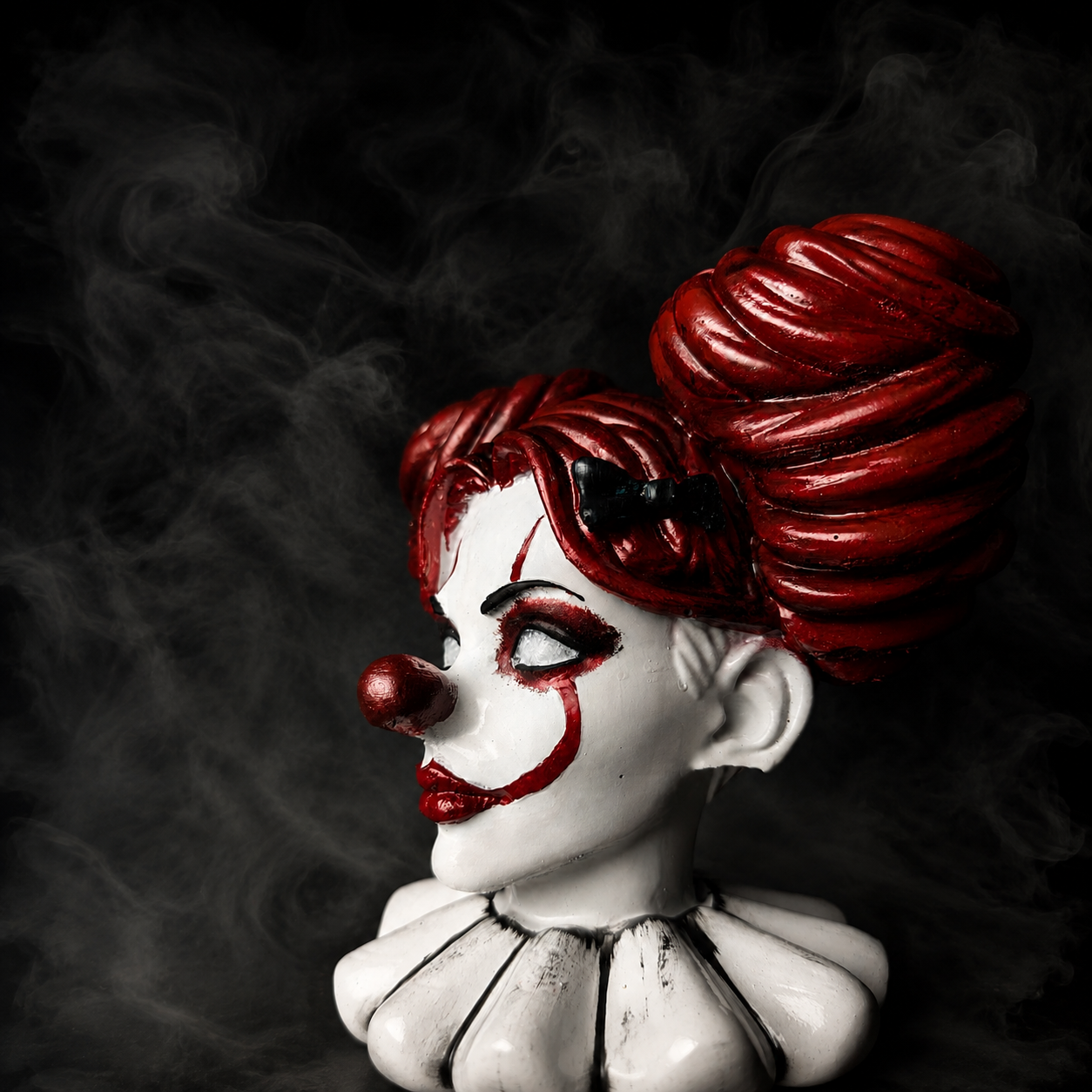 Close up of hand-painted clown face detail on a cast stone horror planter