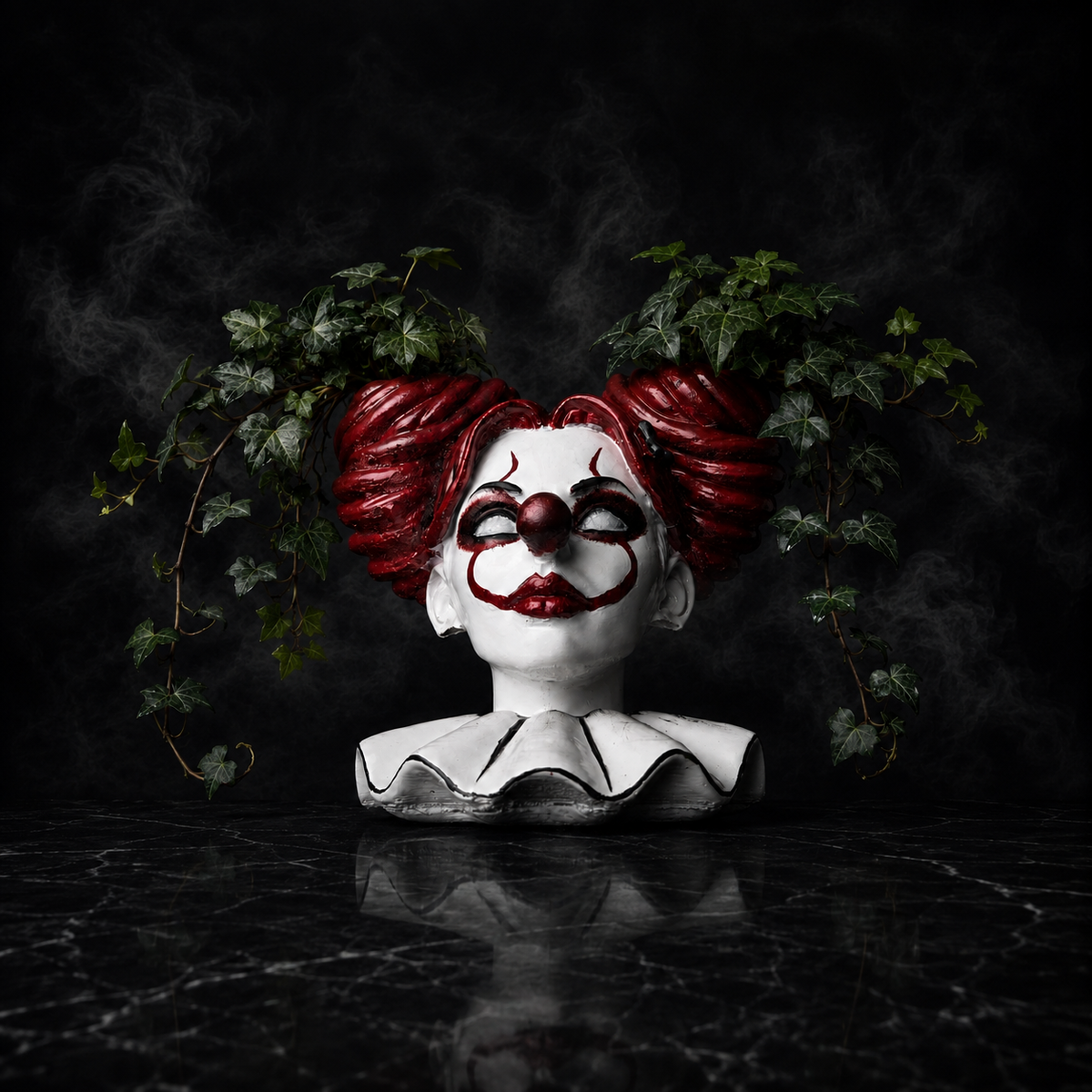 Front low angle of cast stone clown girl planter with two planting bowls and trailing greenery