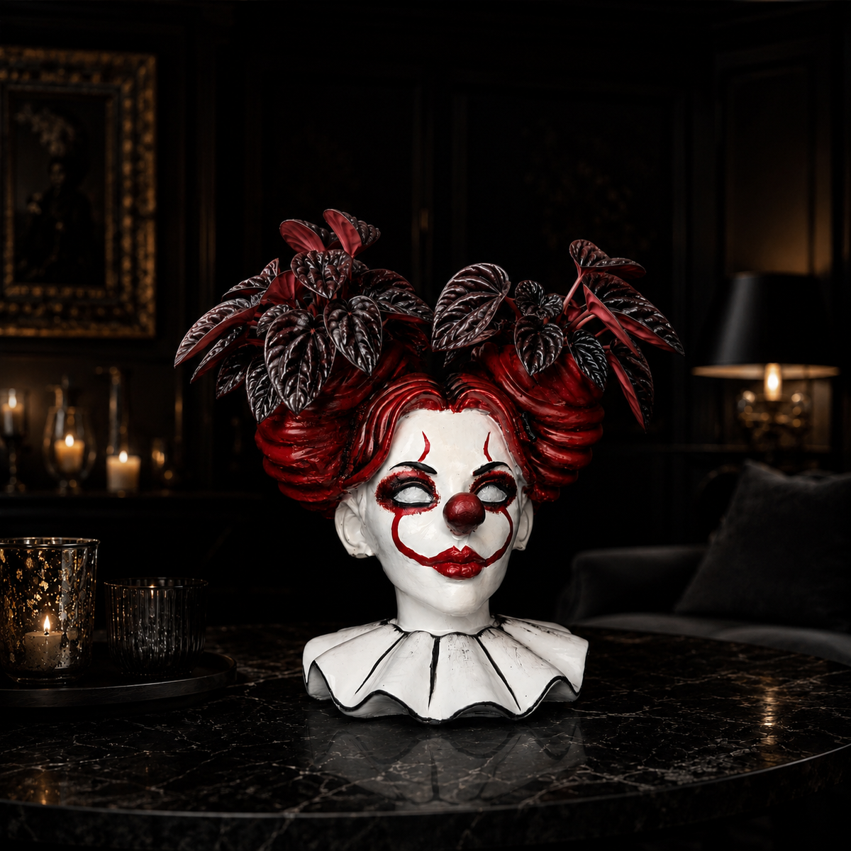 The Last Laugh horror clown girl planter styled with dark red foliage and candles