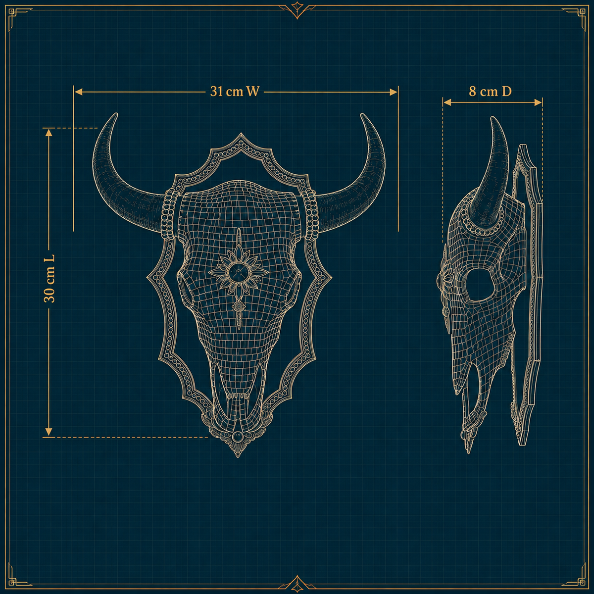 The Last Rodeo dimensions diagram 30 cm high by 31 cm wide by 8 cm deep