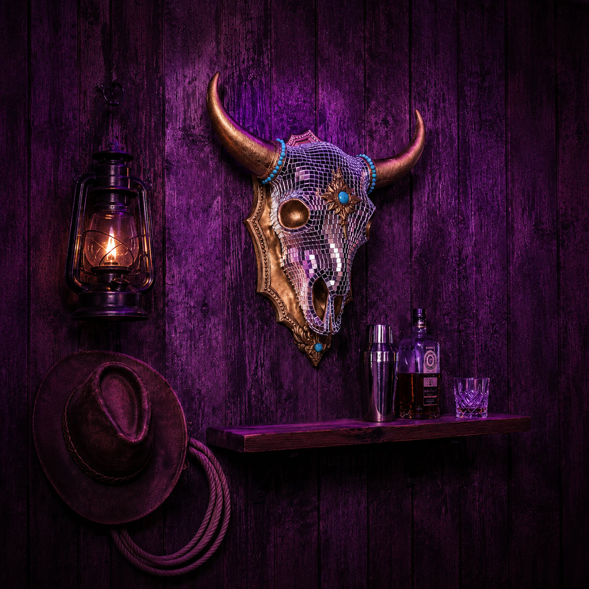 The Last Rodeo western bar shelf lifestyle with lantern and cowboy styling