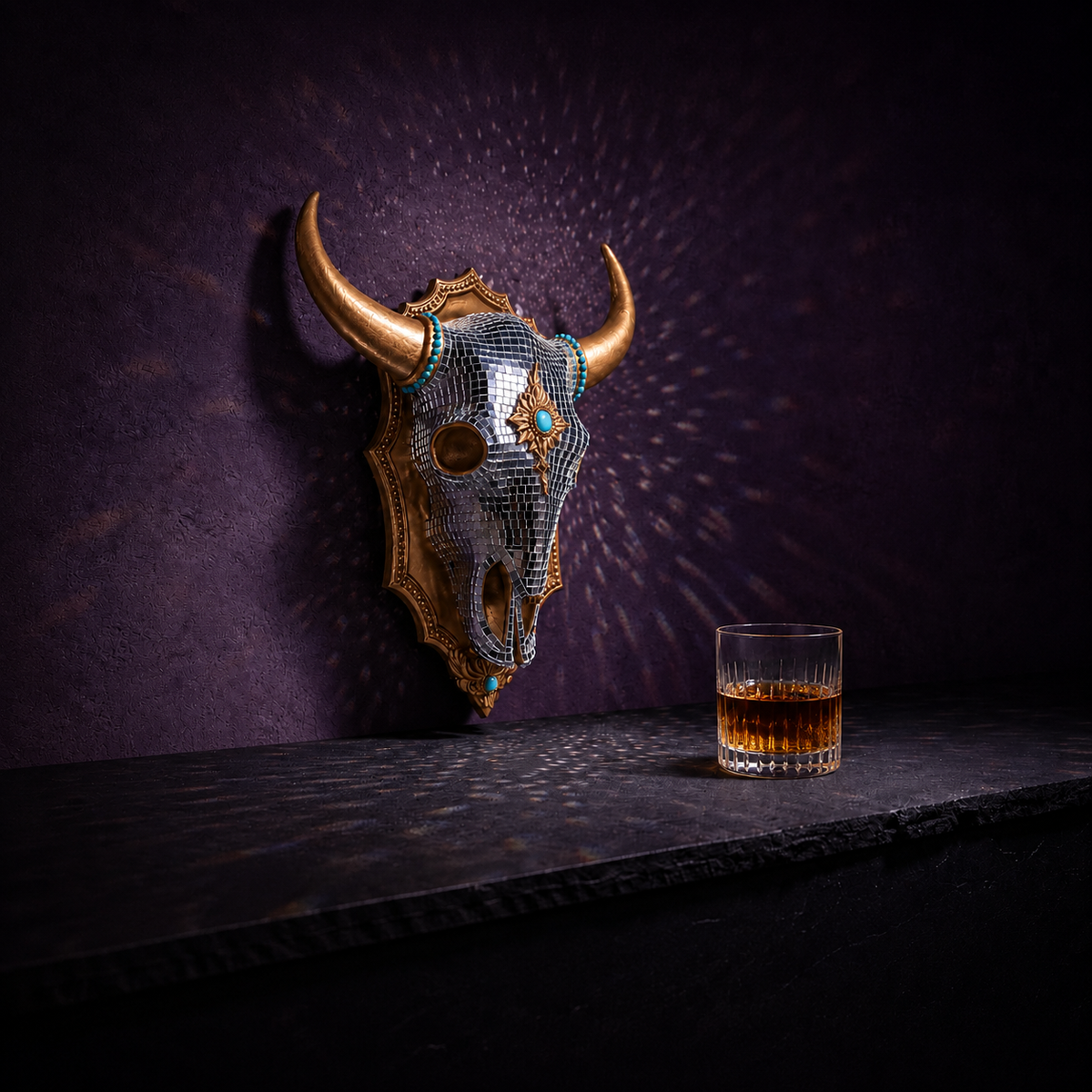 The Last Rodeo cowboy disco wall art with whiskey glass and mirror light scatter