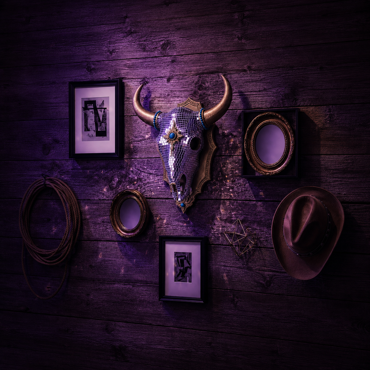 The Last Rodeo cowboy disco gallery wall with mirror ball light reflections