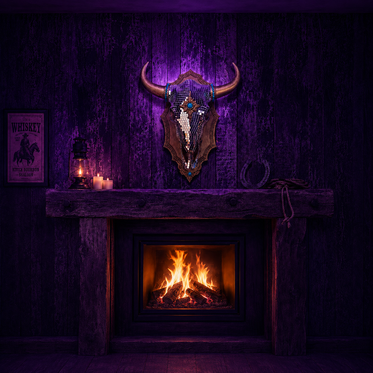 The Last Rodeo mirror ball bull skull above purple fireplace mantel