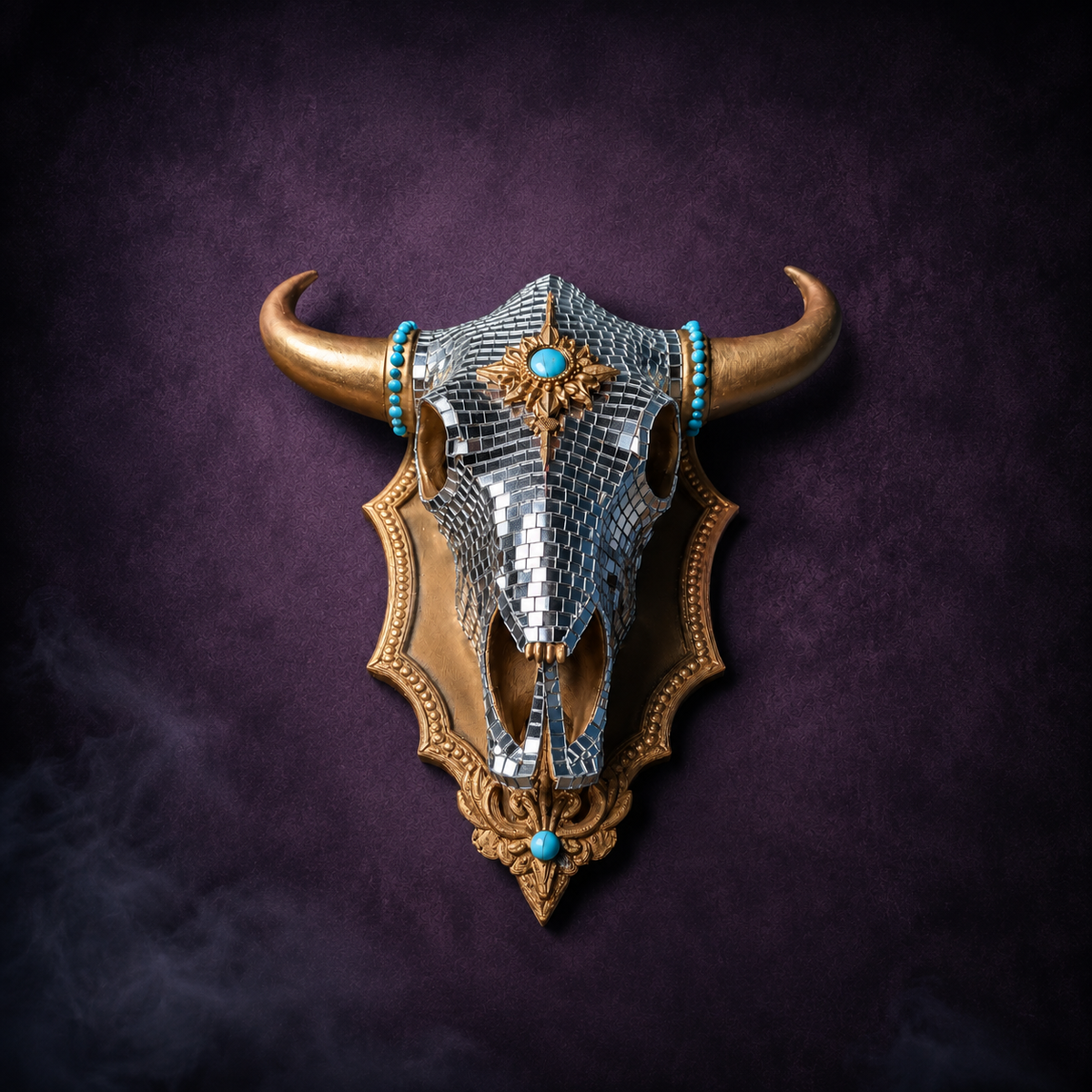 The Last Rodeo front view mirror ball bull skull with gold horns and turquoise detail