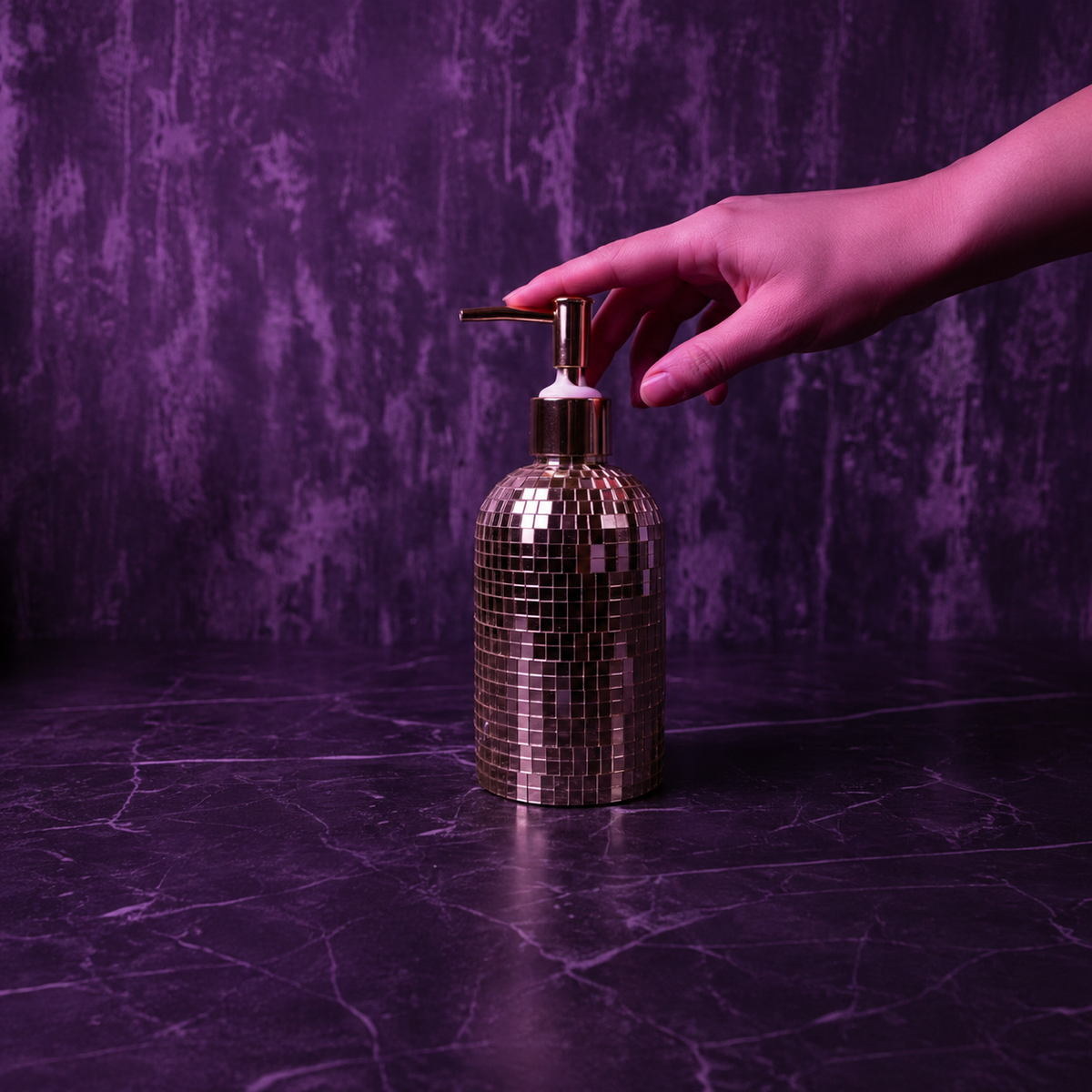 The Lather Ball gold spherical mirror ball soap pump