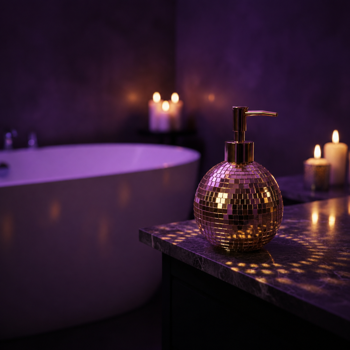 Spherical rose gold mirror mosaic soap dispenser by a bath