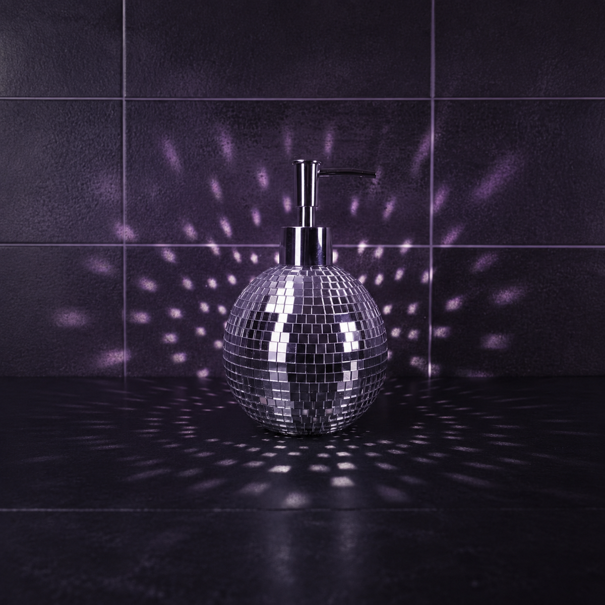 Spherical silver mirror mosaic soap dispenser with reflected light