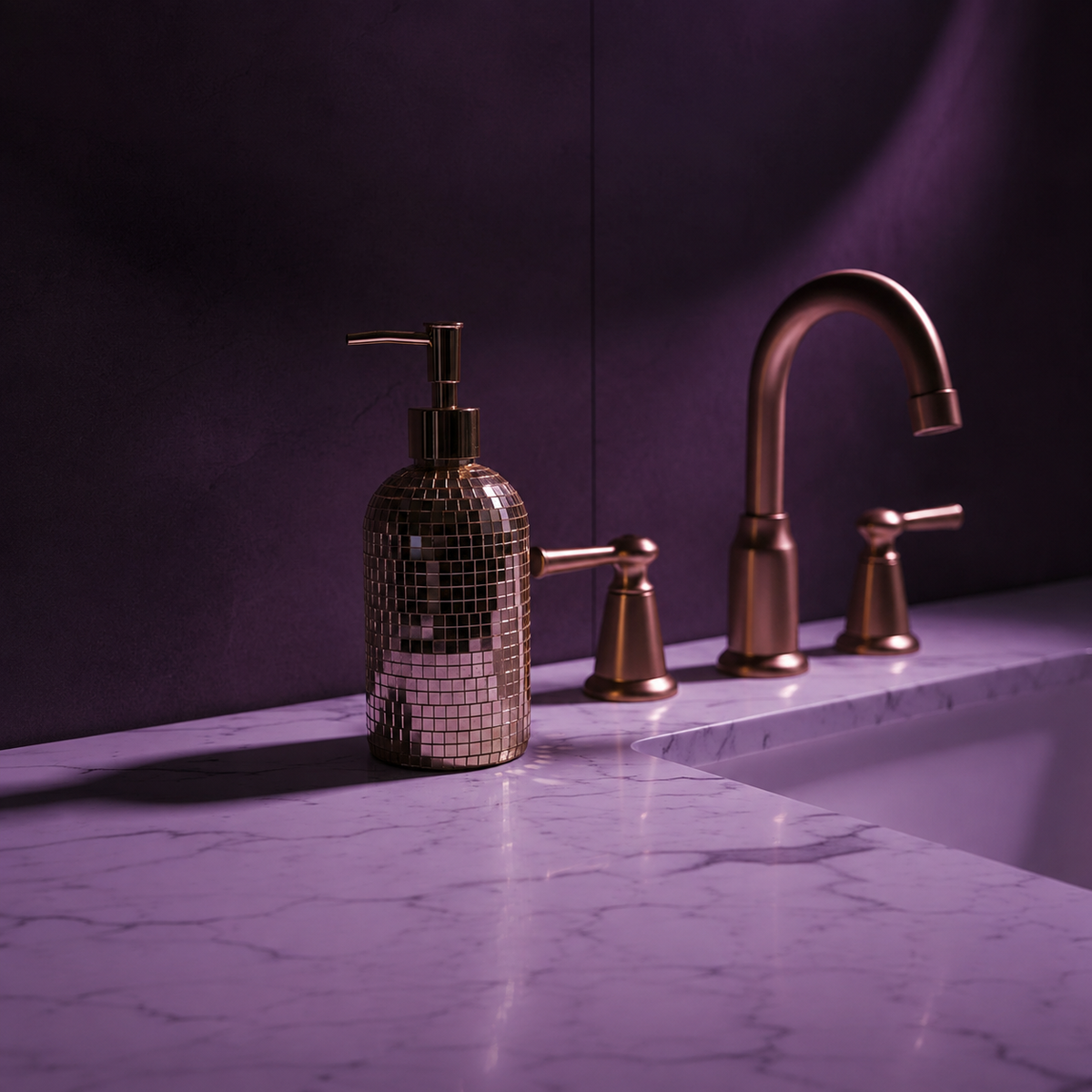 Classic rose gold mirror mosaic soap dispenser by a sink