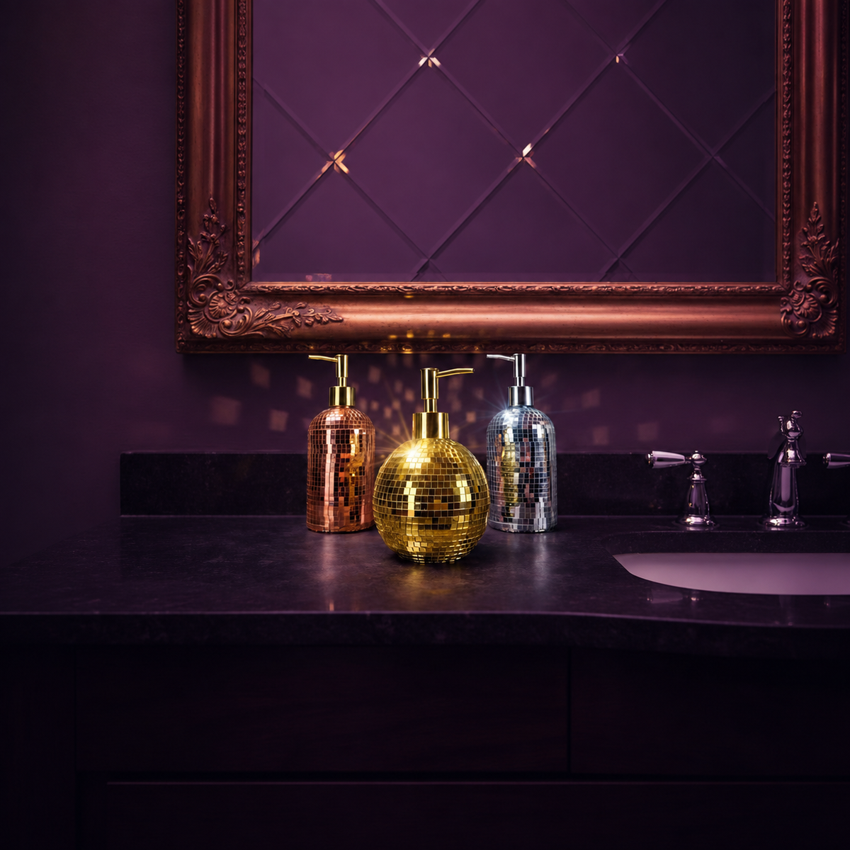 The Lather Ball rose gold disco bathroom decor studio shot