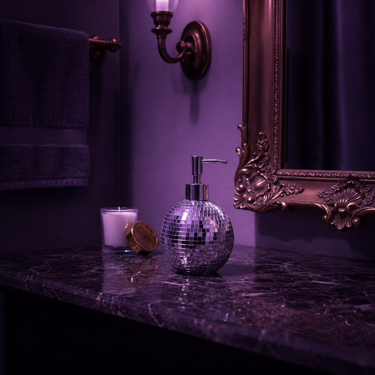 The Lather Ball mirror ball soap dispenser lifestyle bathroom setting
