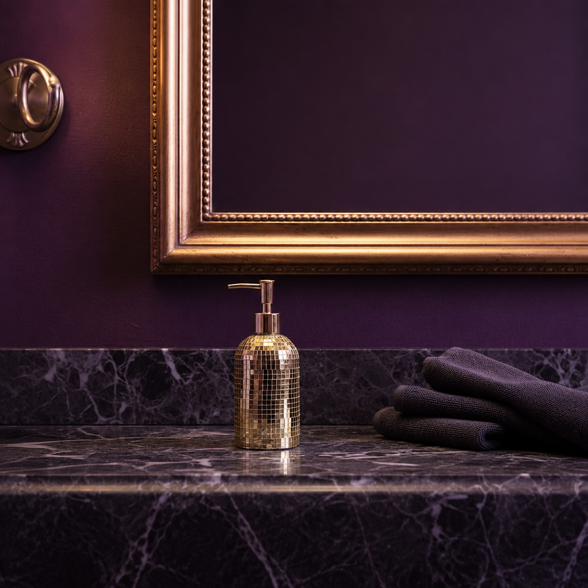 The Lather Ball gold mirror tile soap dispenser side angle