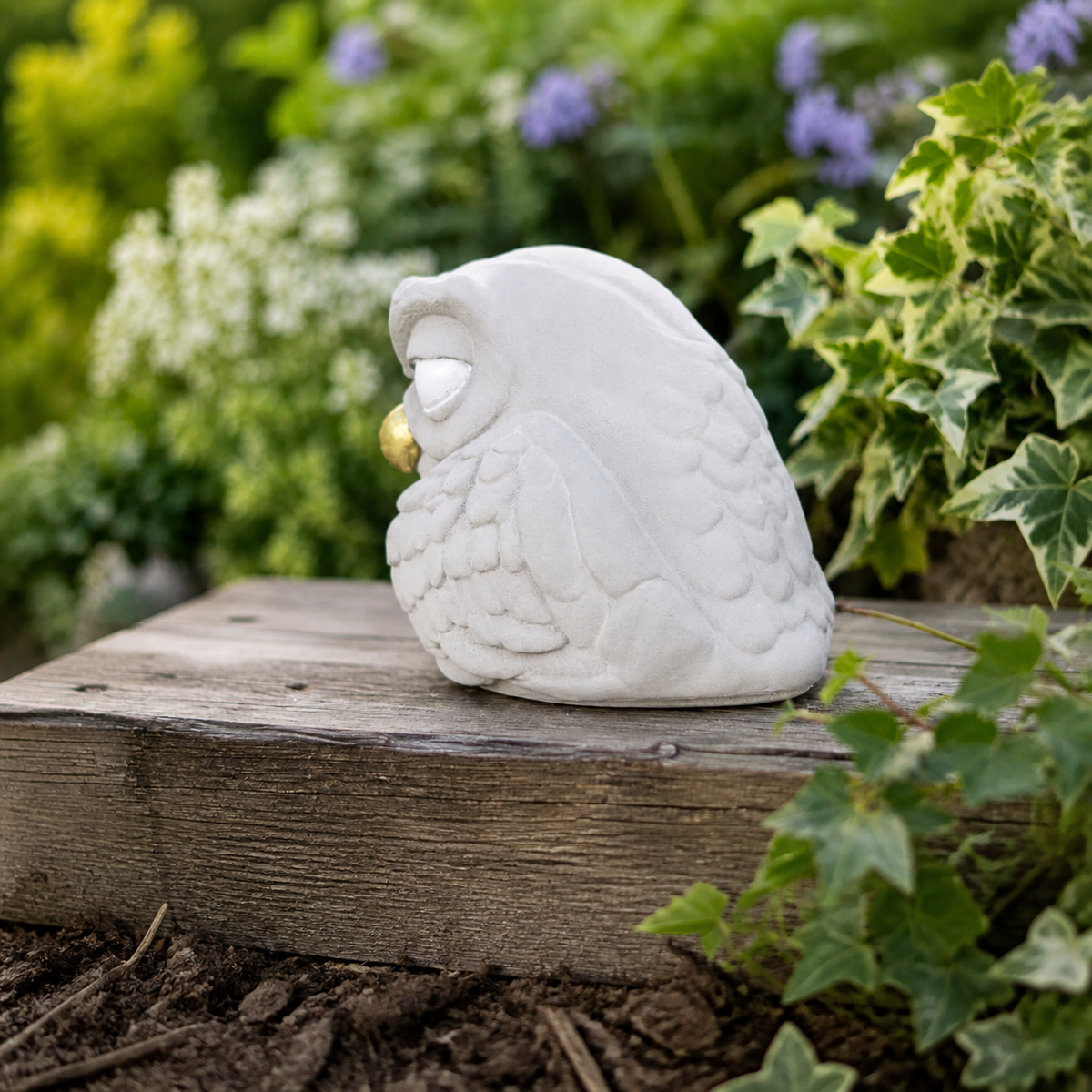 Back side view of The Little Critic owl ornament showing smooth cast stone body and feather detail