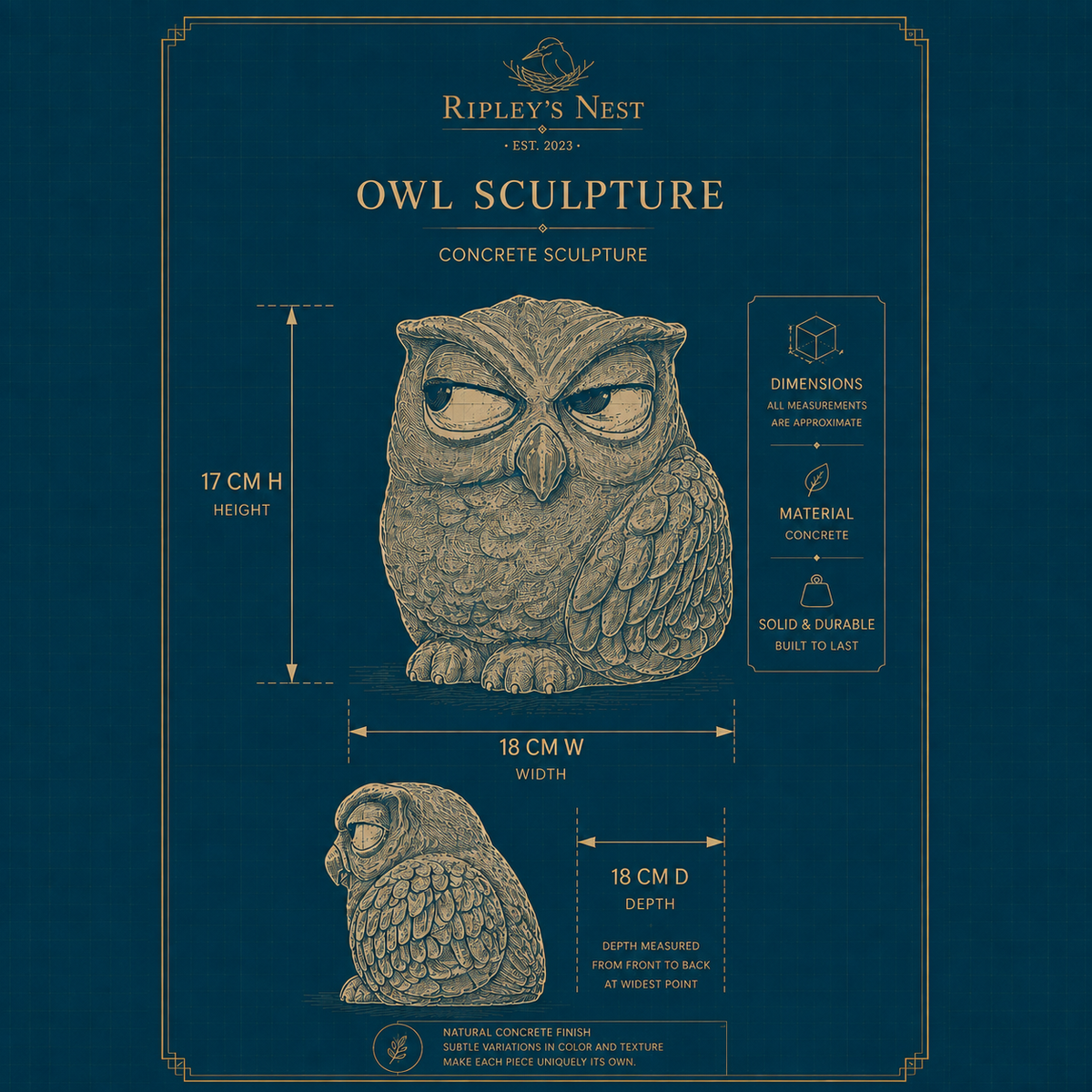 Dimensions sheet for The Little Critic owl sculpture showing 17 cm high by 18 cm wide by 18 cm deep