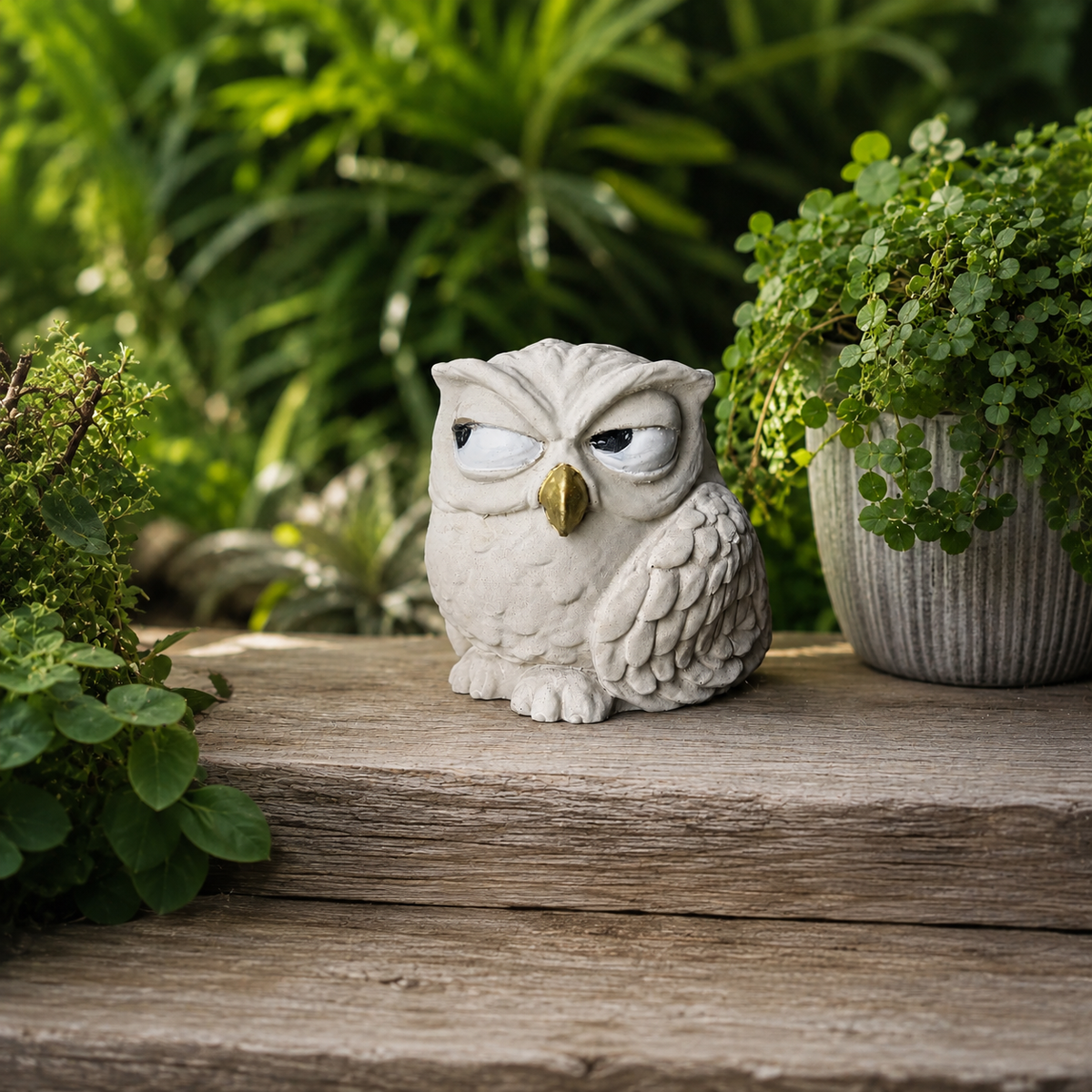 The Little Critic cast stone owl garden ornament with white body, gold beak and suspicious side-eye expression