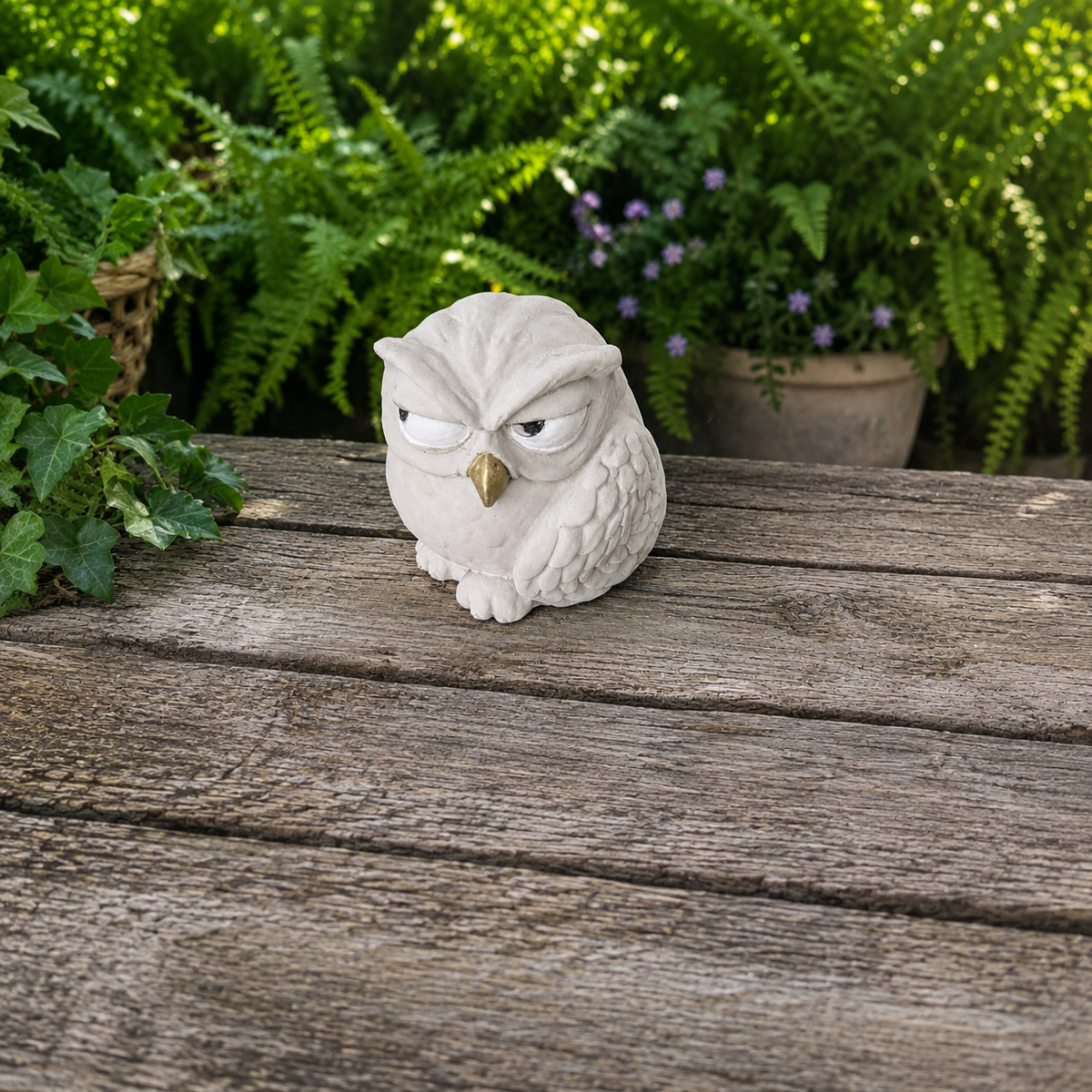 Three-quarter view of The Little Critic cast stone owl sculpture on a rustic garden bench