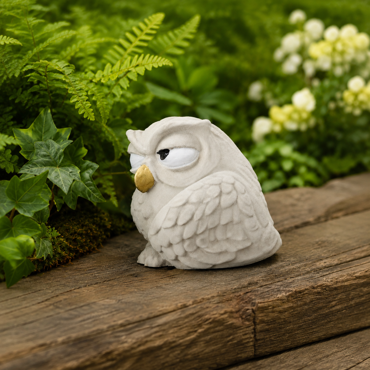 Side view of The Little Critic owl ornament showing sculpted wing and feather detail