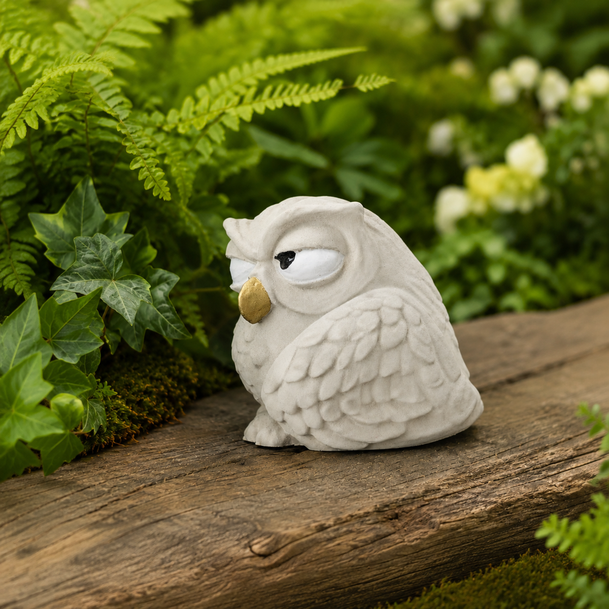 Side profile of The Little Critic owl sculpture showing gold beak and rounded cast stone body