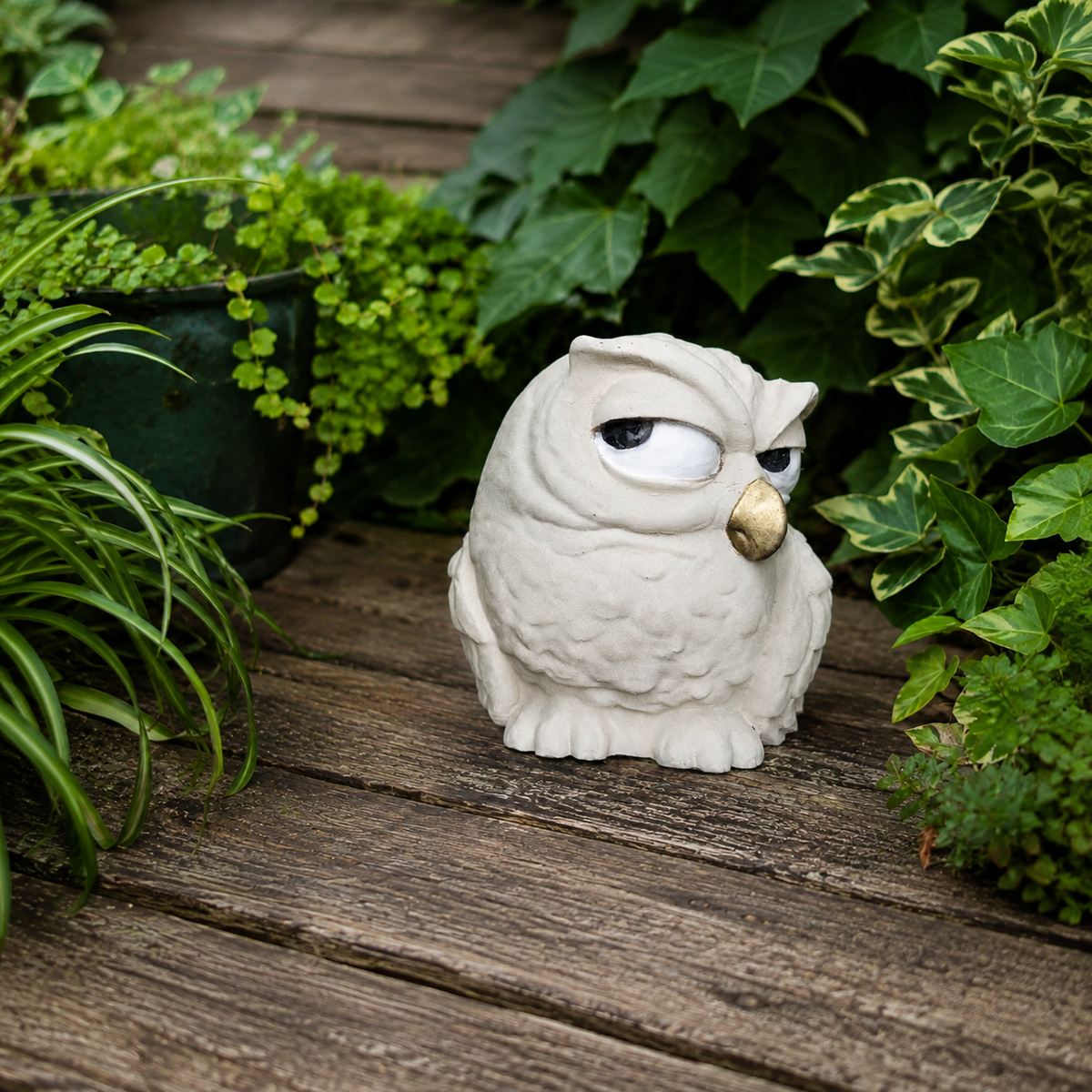 The Little Critic owl garden statue angled on a wooden garden bench among green plants