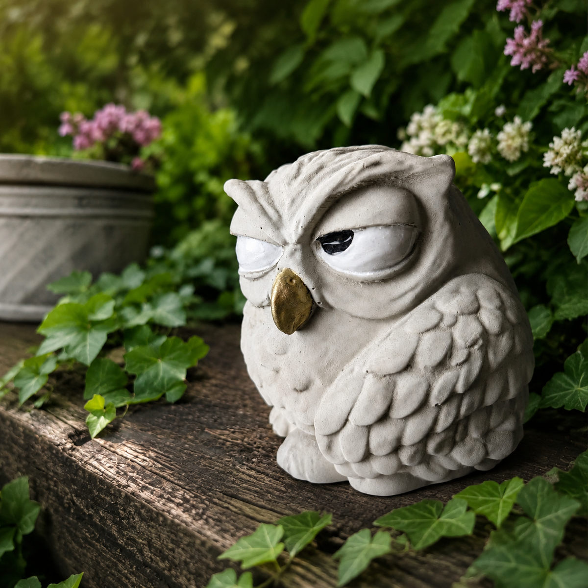 Close detail of The Little Critic owl garden ornament showing textured cast stone and painted eye detail