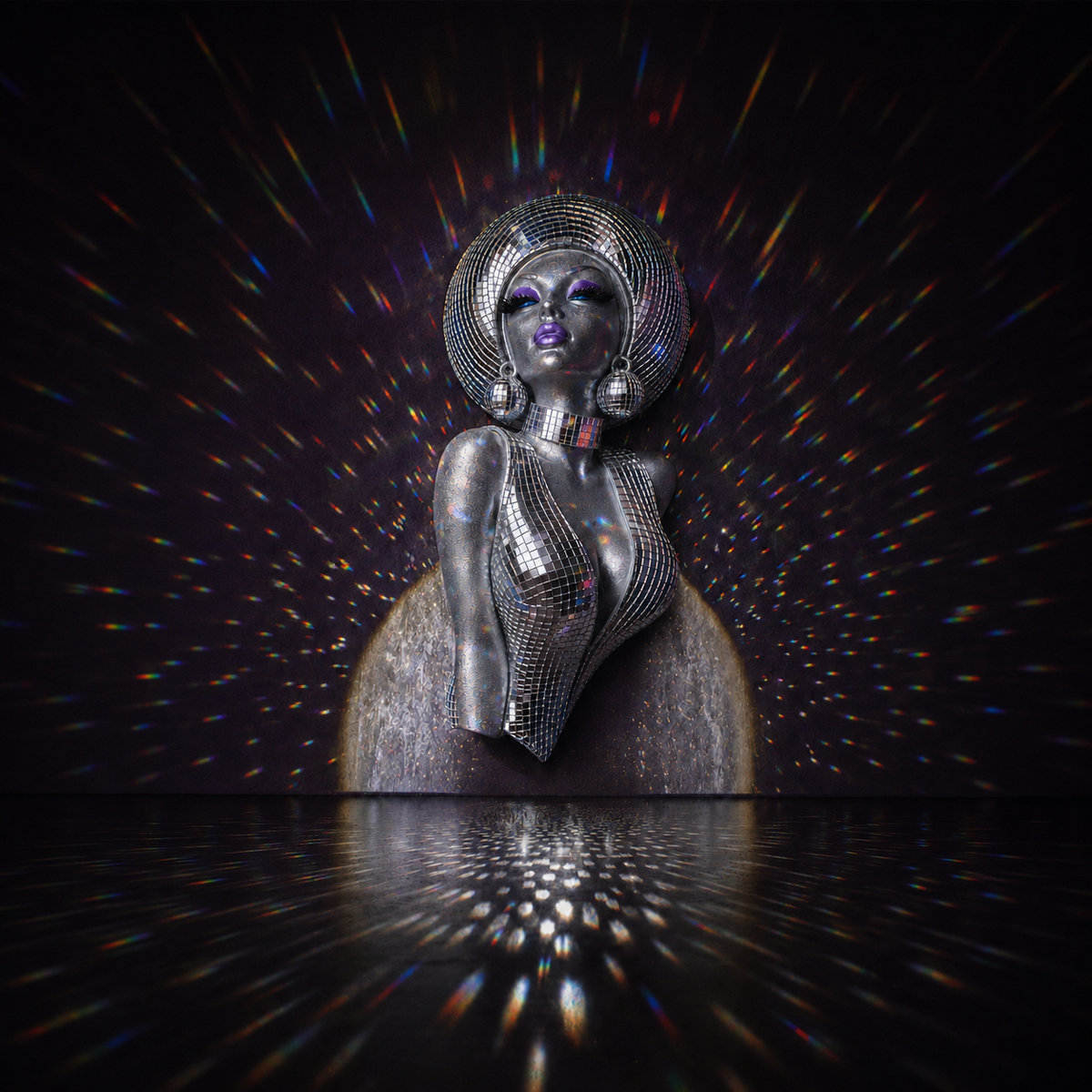 The Mirrorball Muse wall art with rainbow mirror ball light scatter