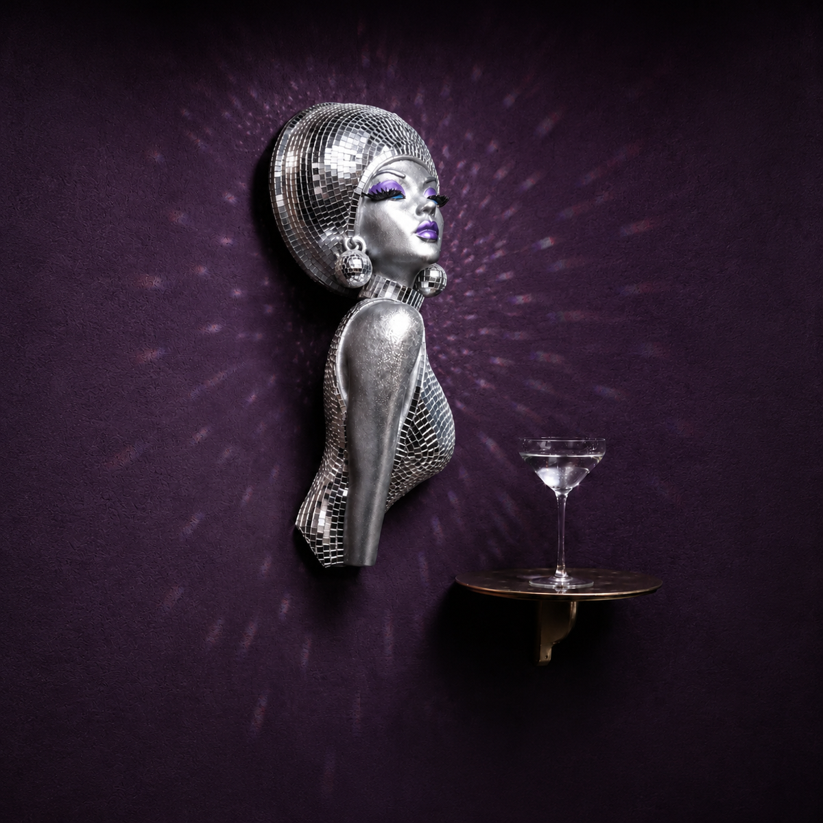 The Mirrorball Muse side view with cocktail shelf on purple wall