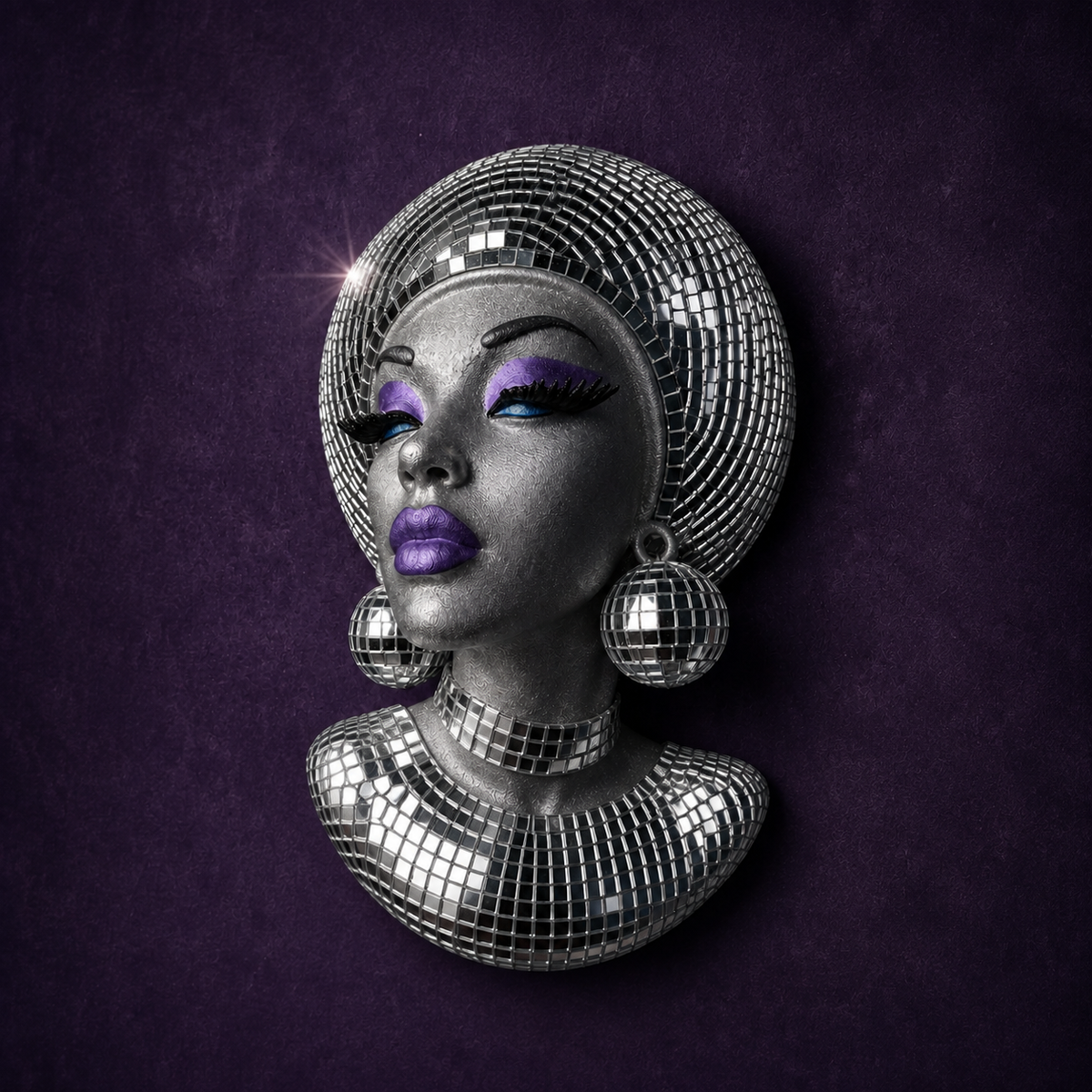 The Mirrorball Muse close up showing face detail and glass mirror tiles