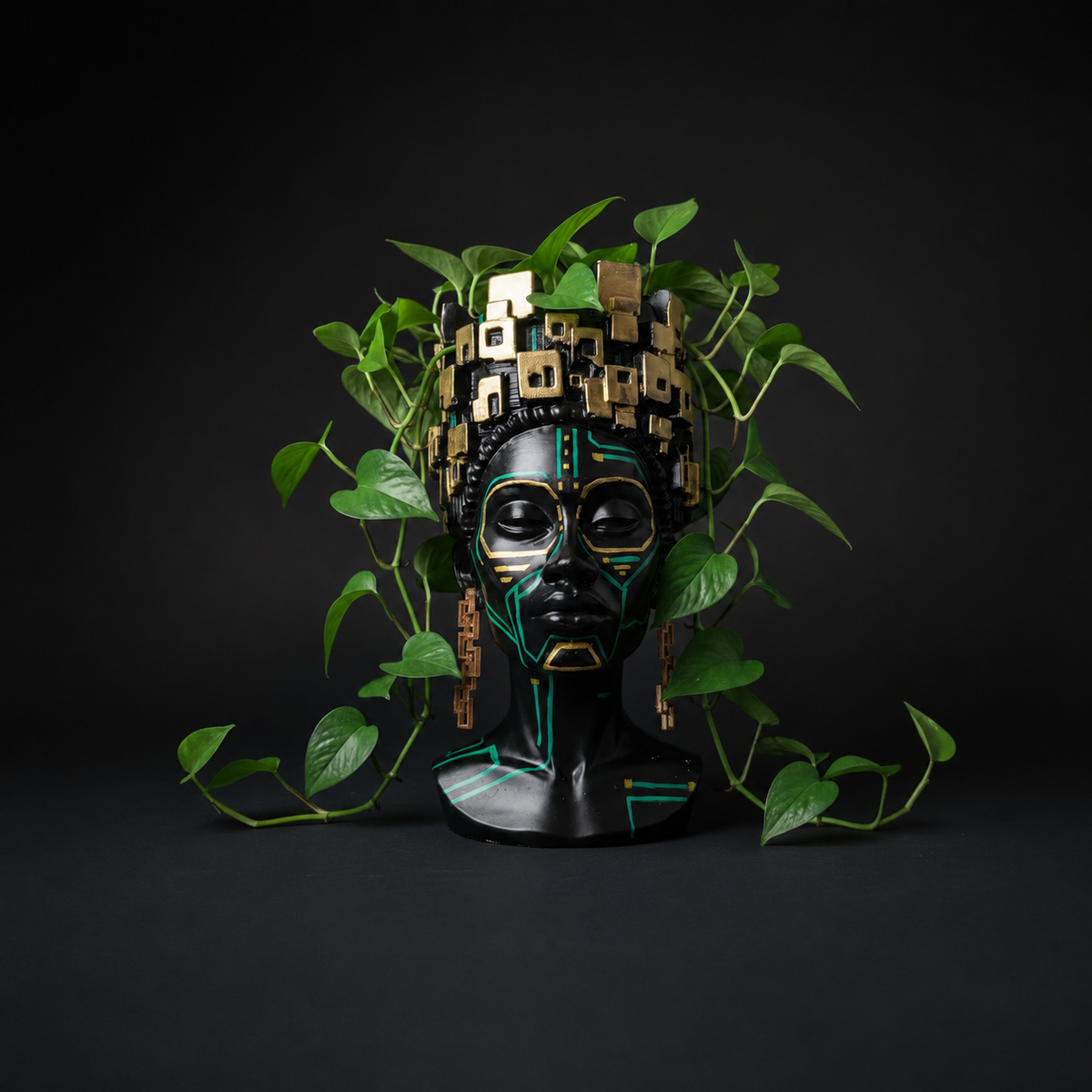 The Motherboard head planter with trailing pothos around its black, gold and teal face