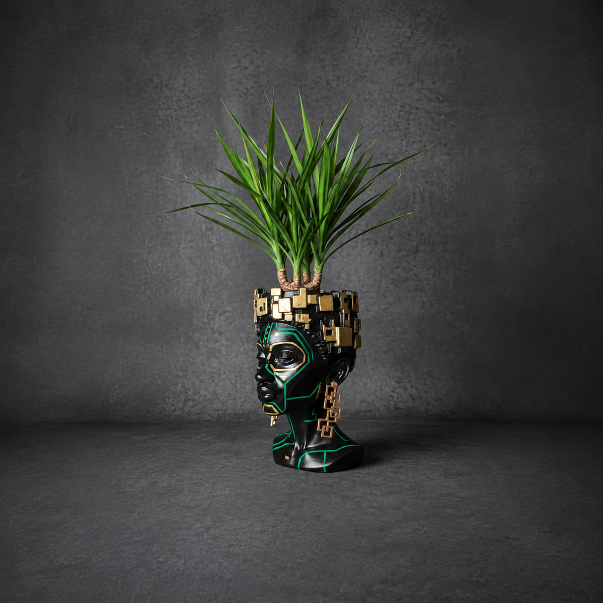 Side profile of The Motherboard head planter holding a dracaena