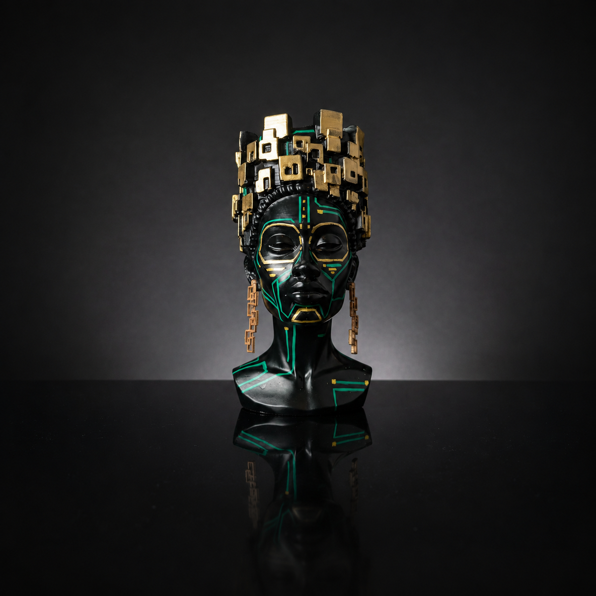 Front view of the empty Motherboard head planter on a dark studio background