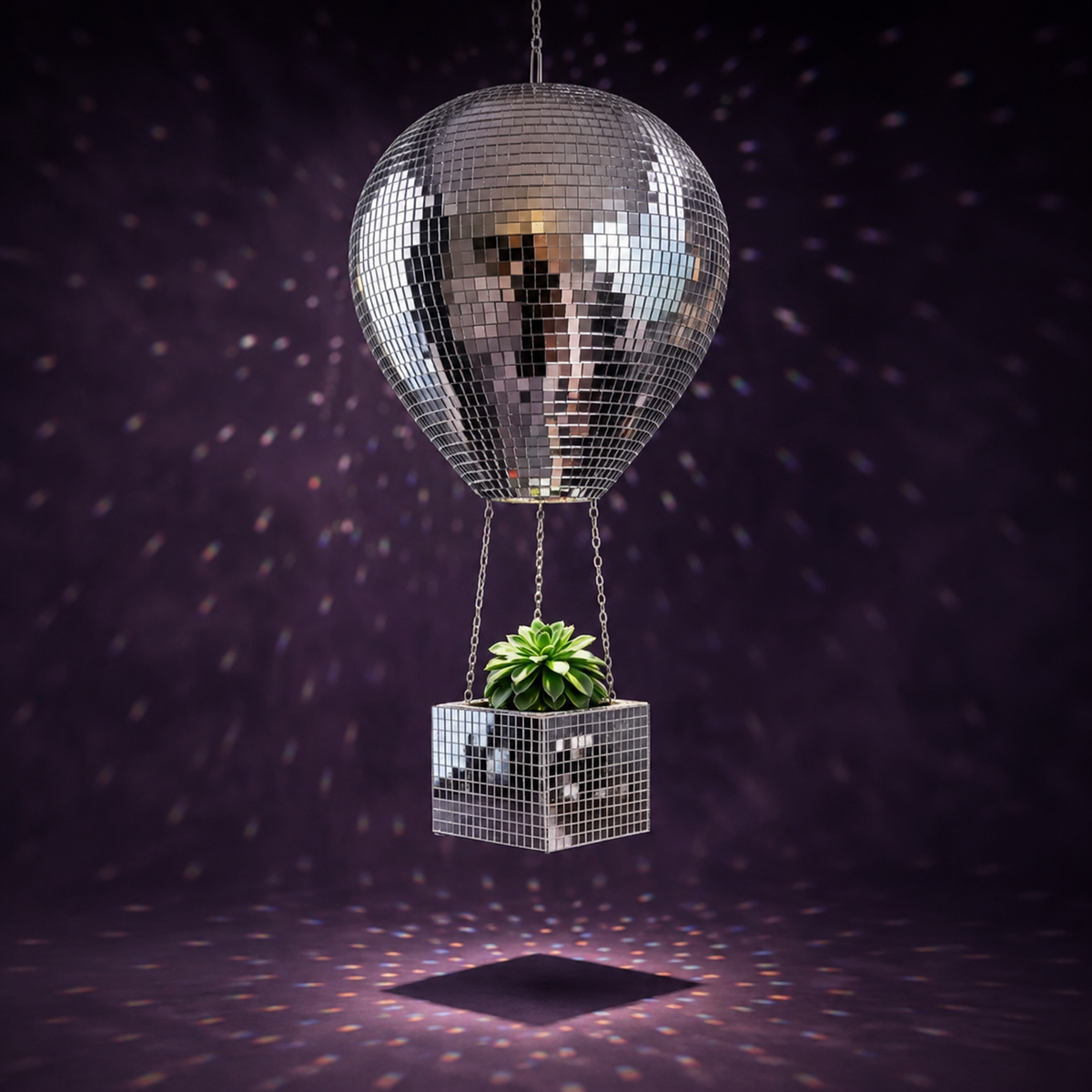 The Voyager mirror ball hot air balloon planter front view