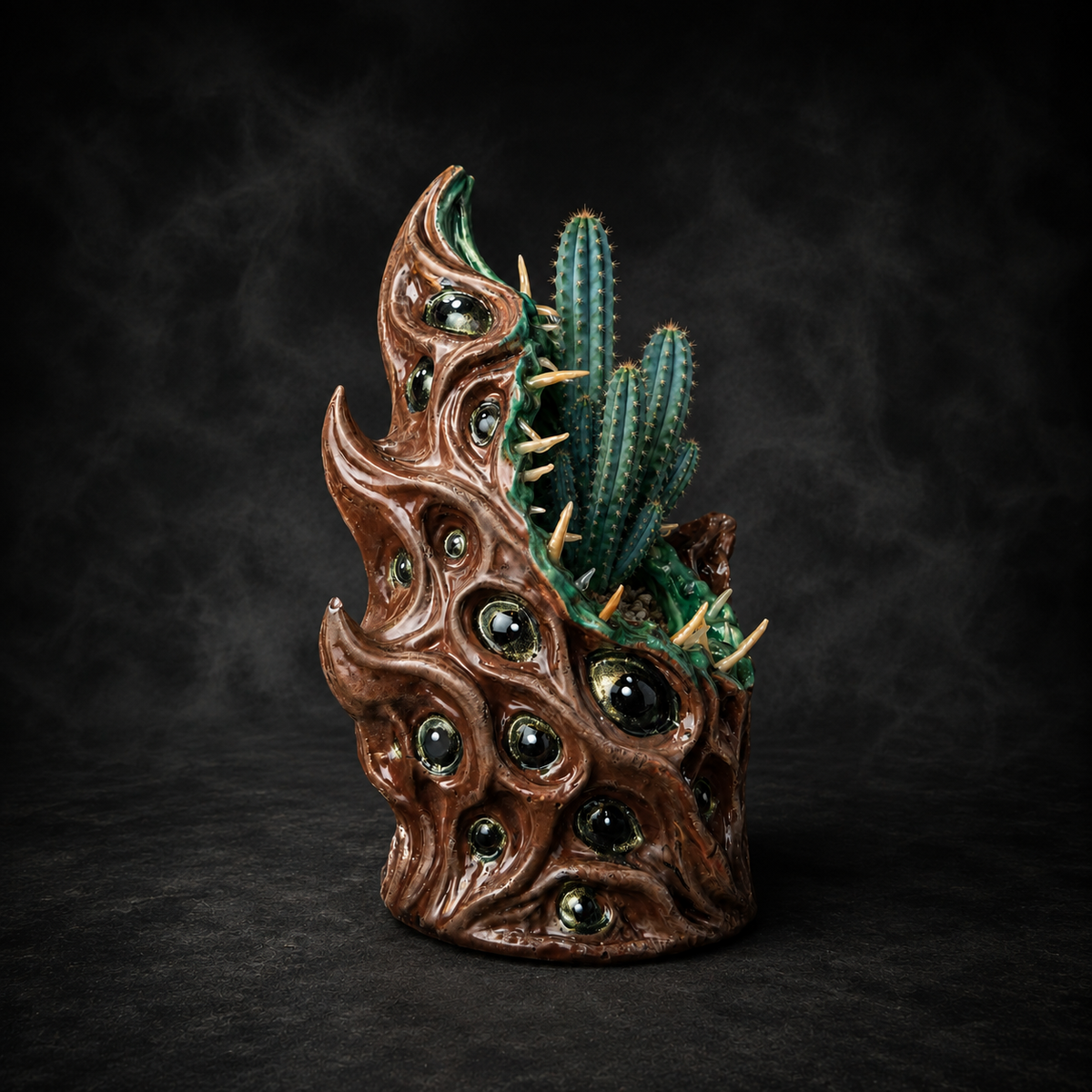 Side view of The Watching Maw many-eyed monster planter with blue cactus