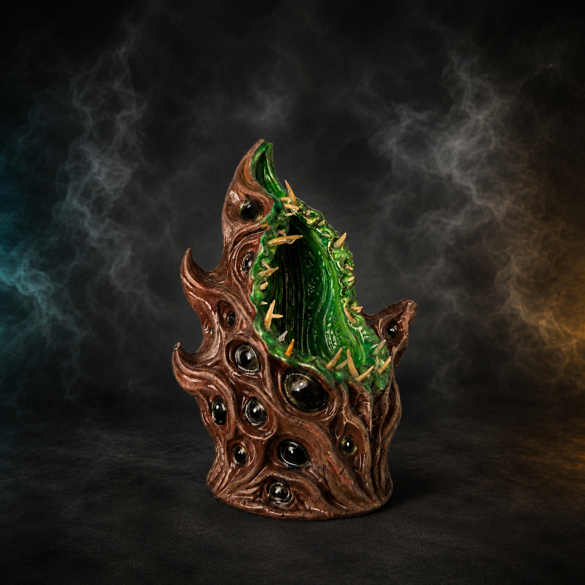 Angled view of The Watching Maw brown and green cast stone monster planter