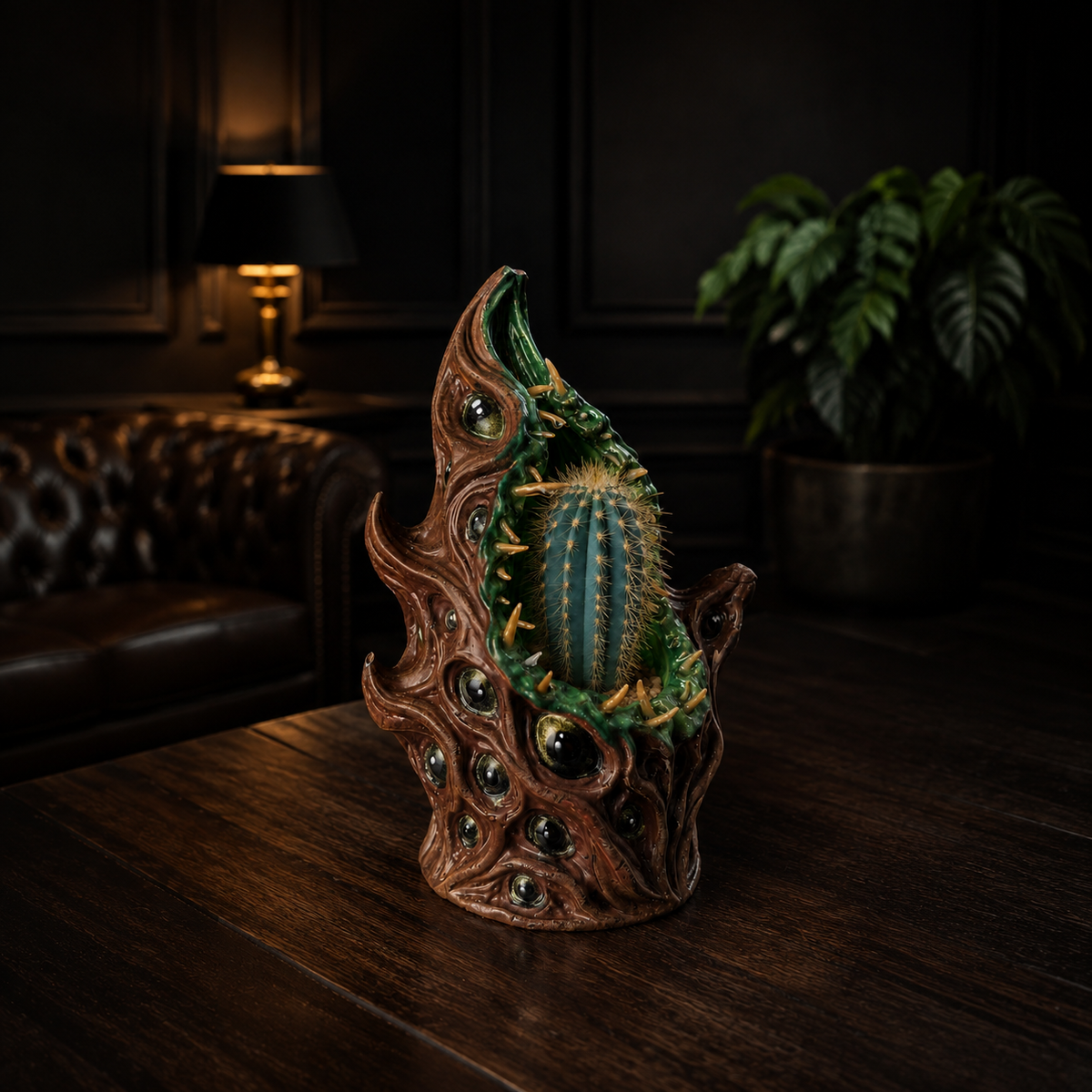 The Watching Maw cosmic horror planter styled on a dark wooden table with cactus